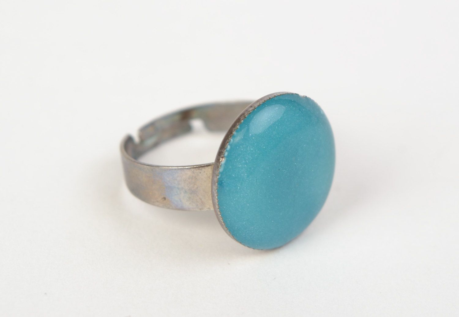 Handmade laconic round blue ring with metal basis of adjustable size for women photo 4