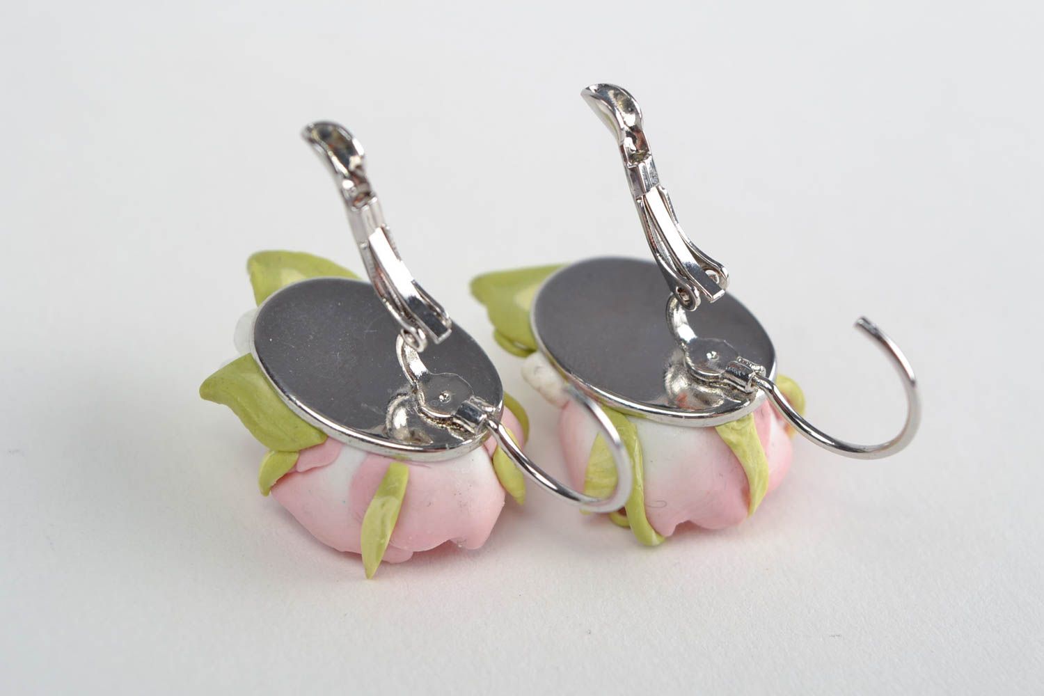 Handmade designer polymer clay pink floral earrings with metal English ear wires photo 5