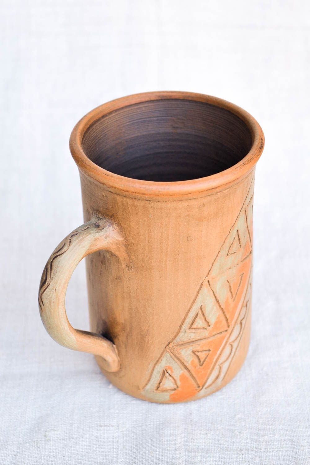 13 oz clay tall cup for tea in olive and brown color with handle  photo 4