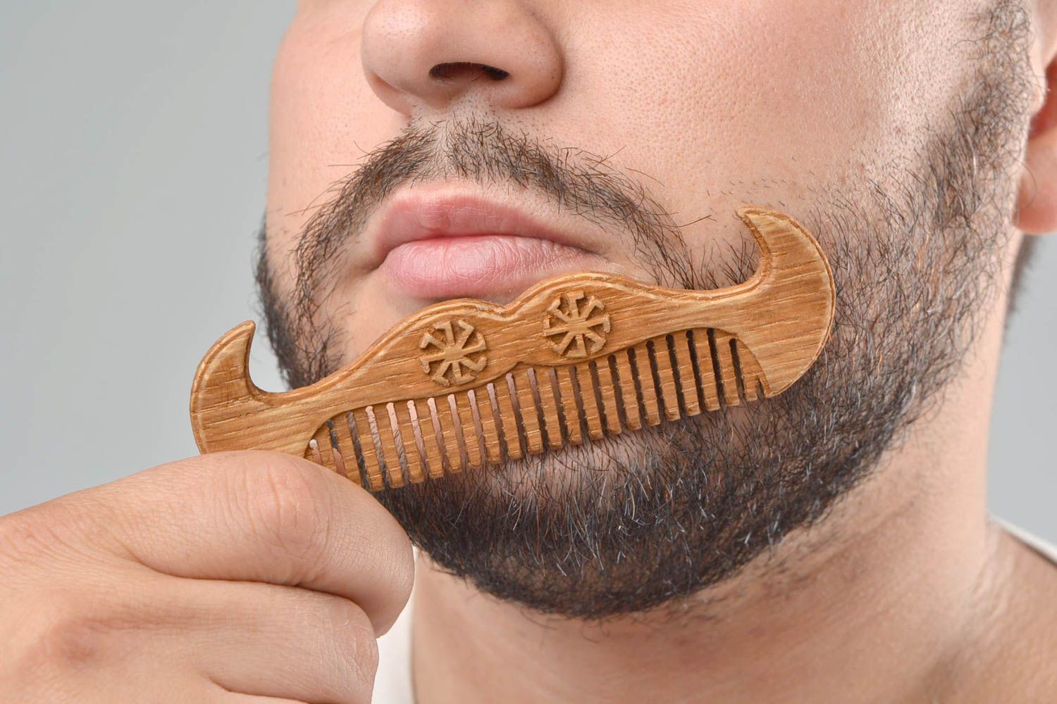 Handmade natural oak wood mustache and beard comb carved with Slavic symbols photo 2