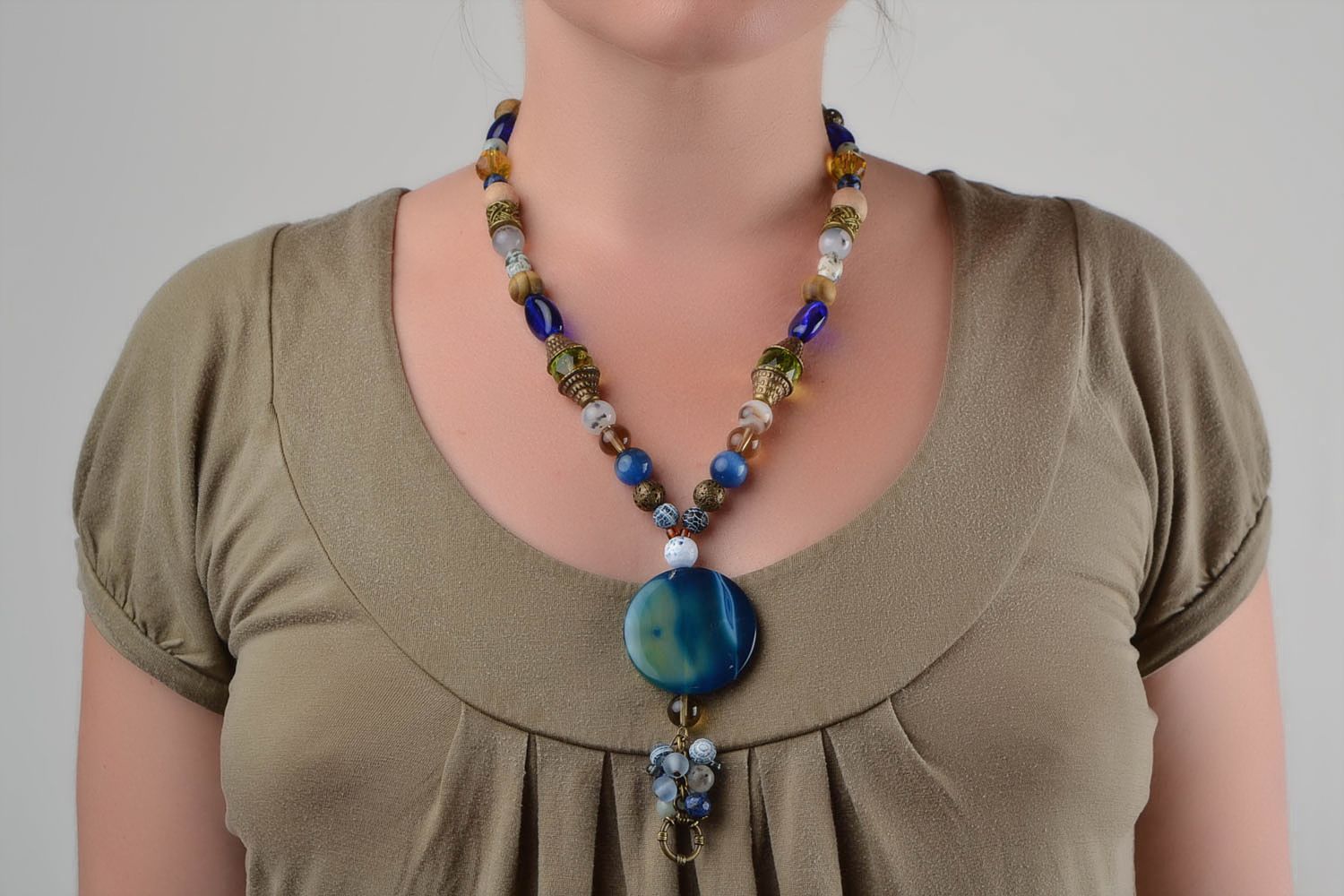 Designer women's necklace with colorful glass wooden and stone beads long photo 2