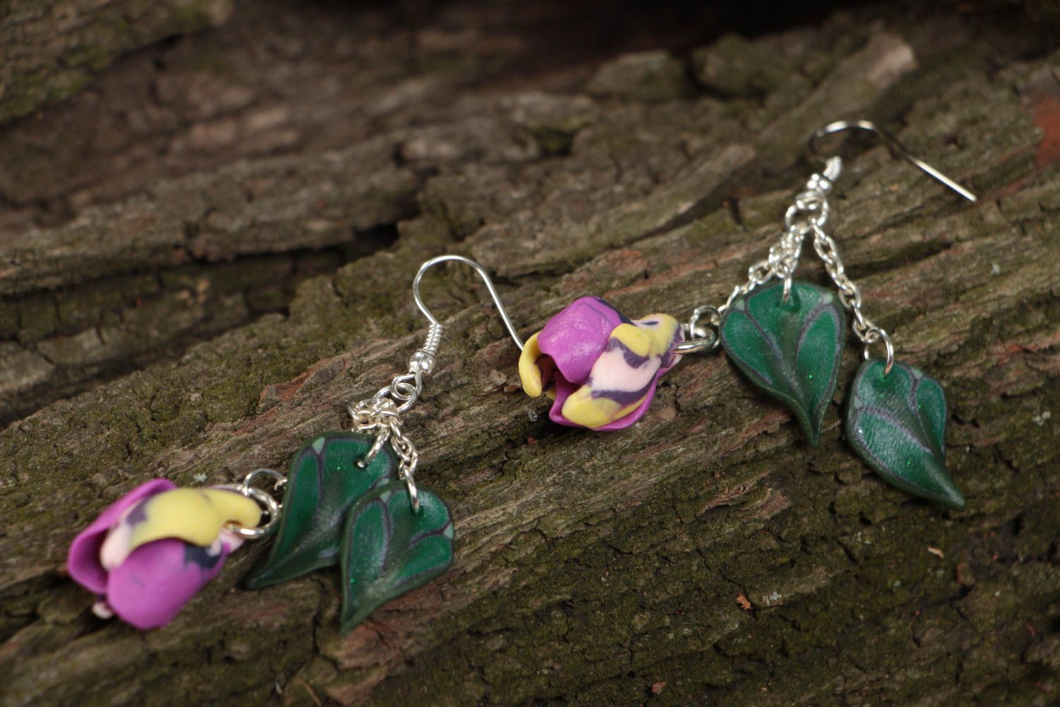 Earrings made of polymer clay in the form of flower buds long handmade jewelry photo 1
