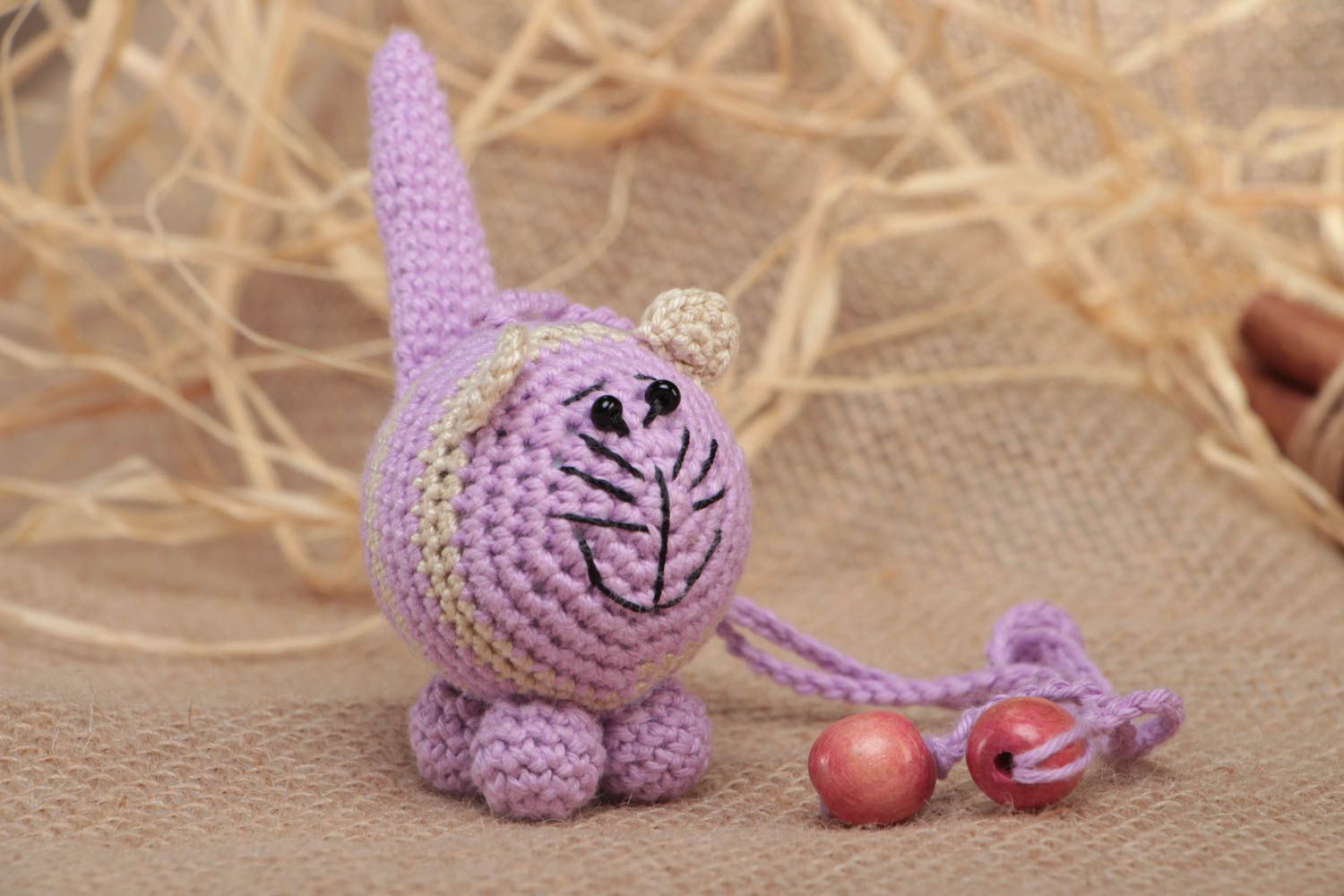 Crocheted cotton small handmade rattle toy cat handmade present for children  photo 1