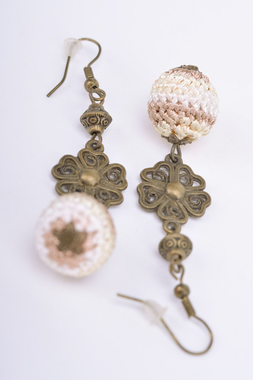 Handmade dangle earrings with metal fittings and light crocheted over beads photo 5