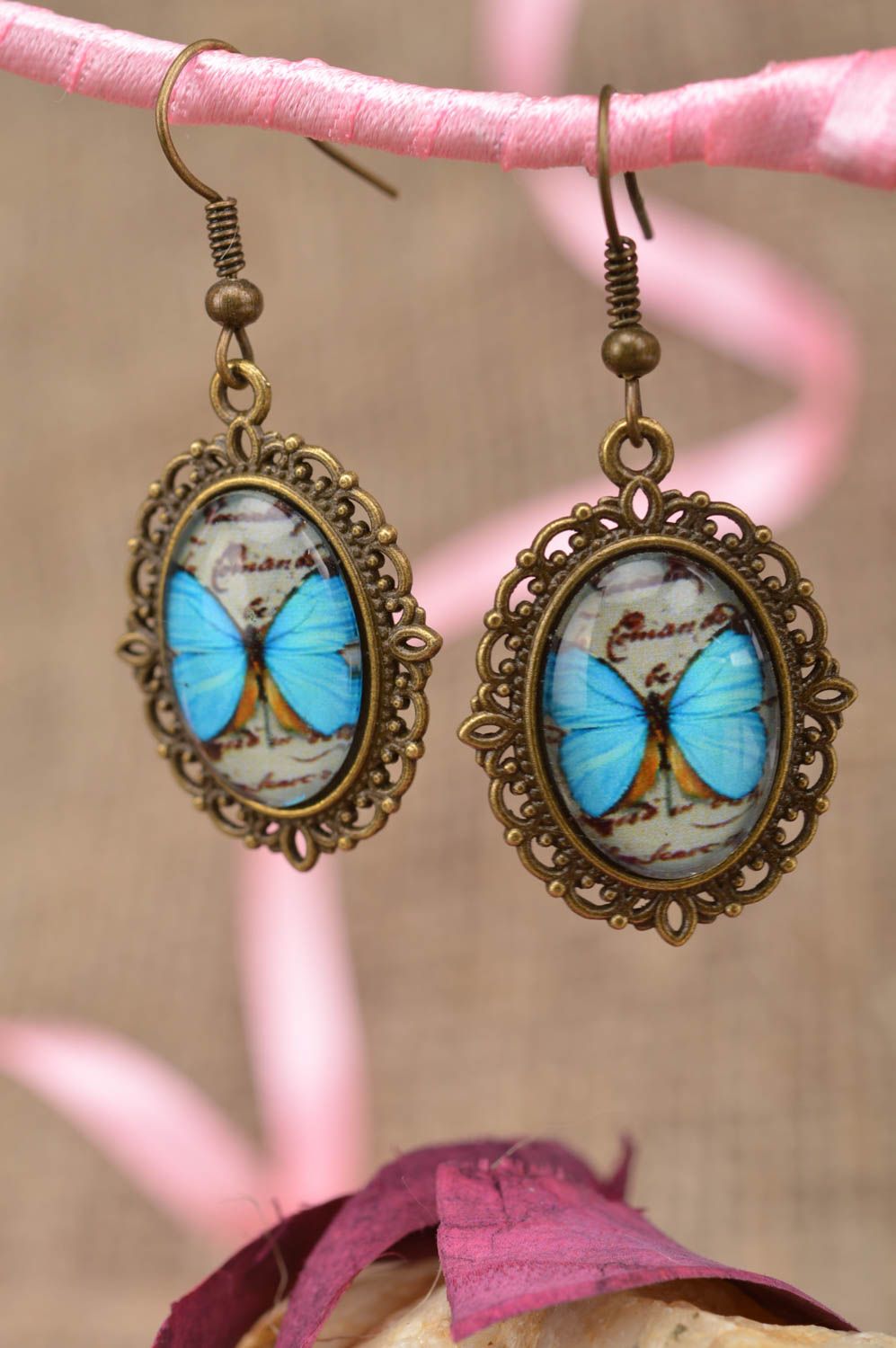 Beautiful stylish vintage handmade oval metal earrings with butterflies image photo 1