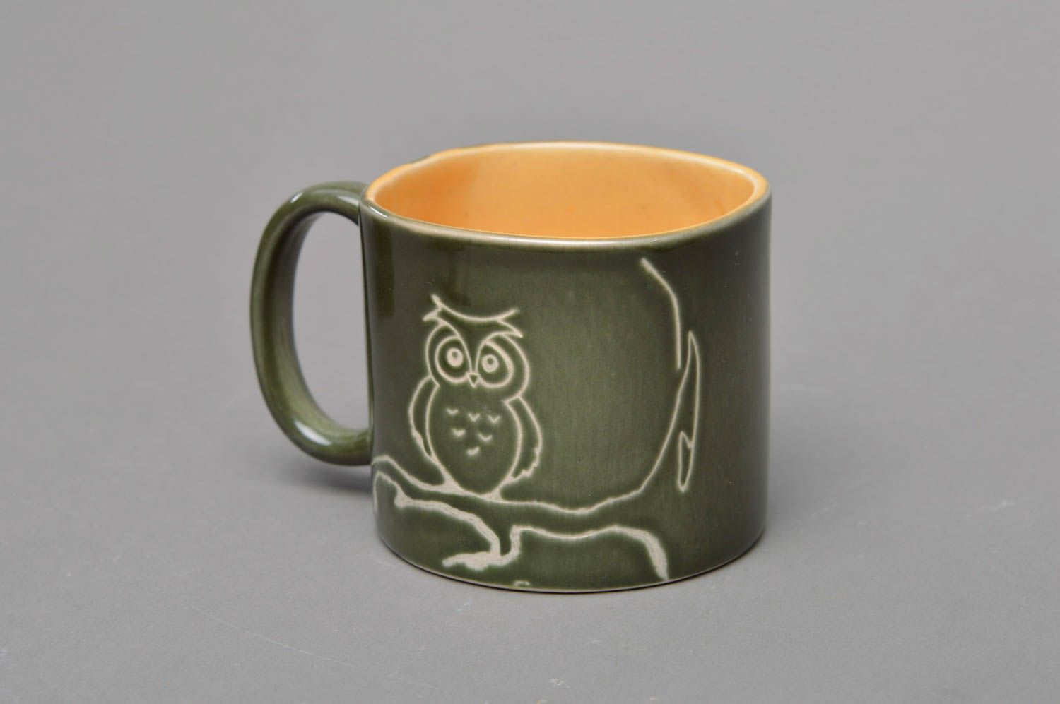 Originelle Tasse mit Aufschrift Porzellan handmade grün für Tee und Kaffee Eule foto 2
