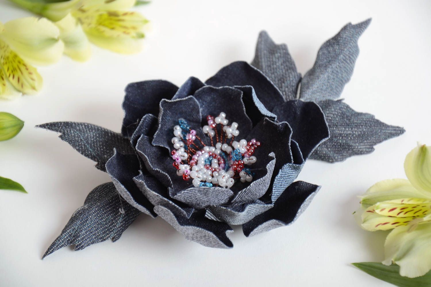 Handmade designer hair clip brooch with large denim fabric flower with beads photo 1