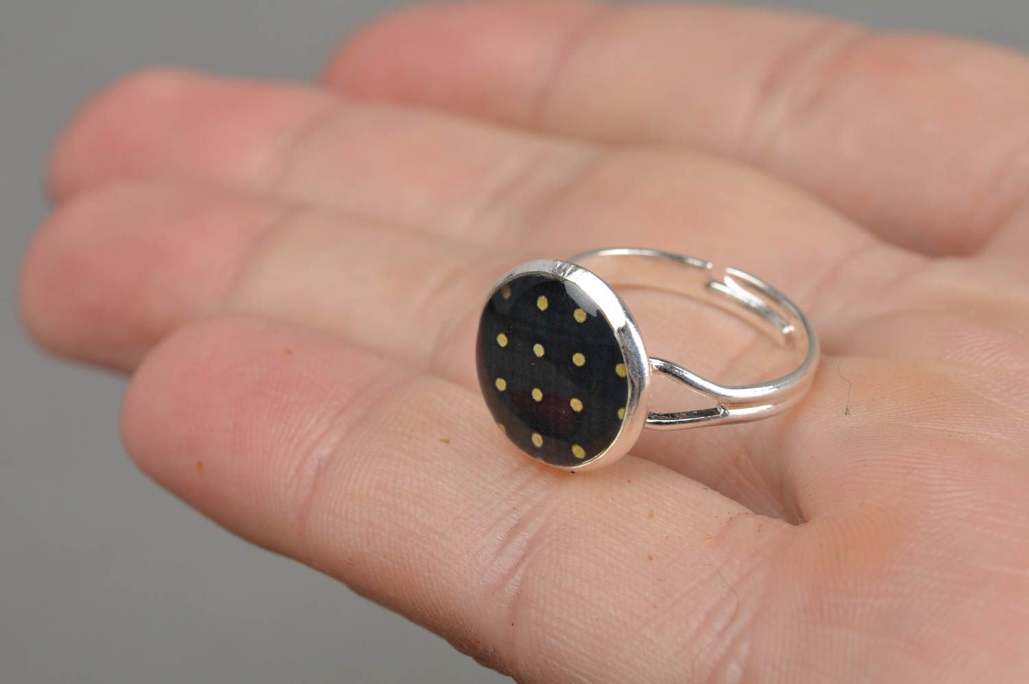 Stylish handmade designer decoupage ring coated with epoxy Black with Yellow Dots photo 4
