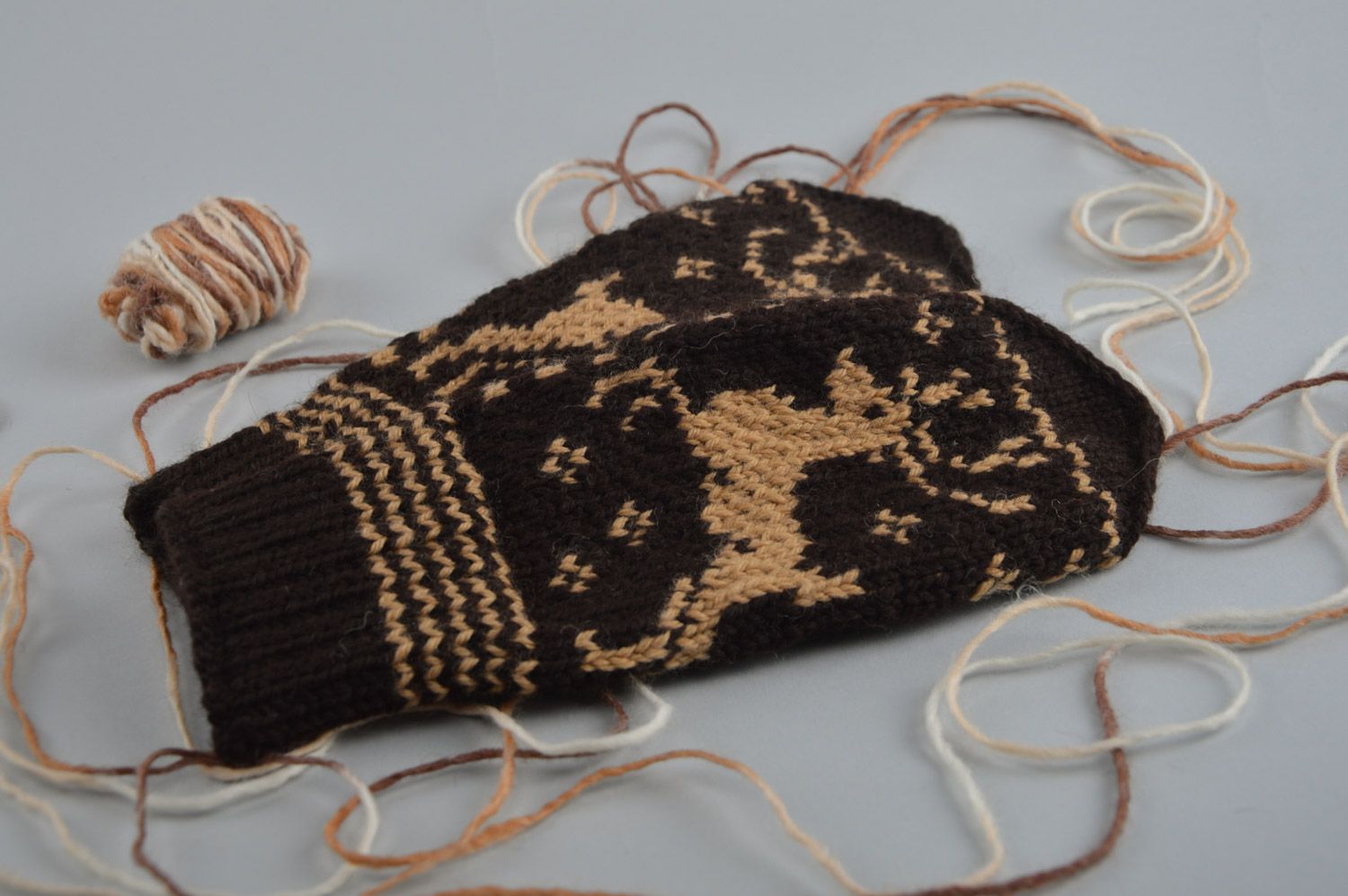 Handmade warm winter mittens knitted of wool with fancy ornaments Deer for men photo 2