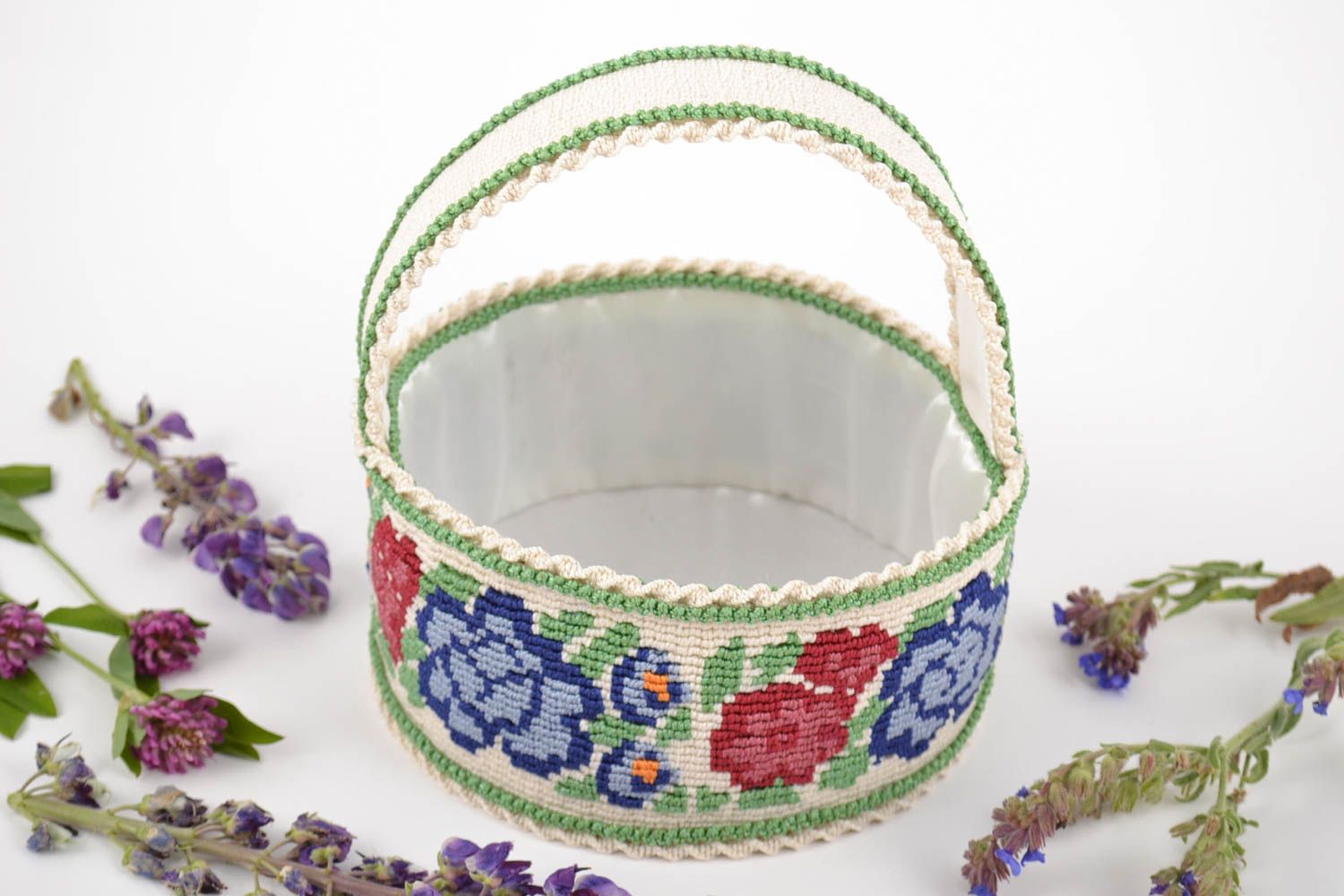 Handmade designer small macrame woven colorful decorative Easter basket photo 1