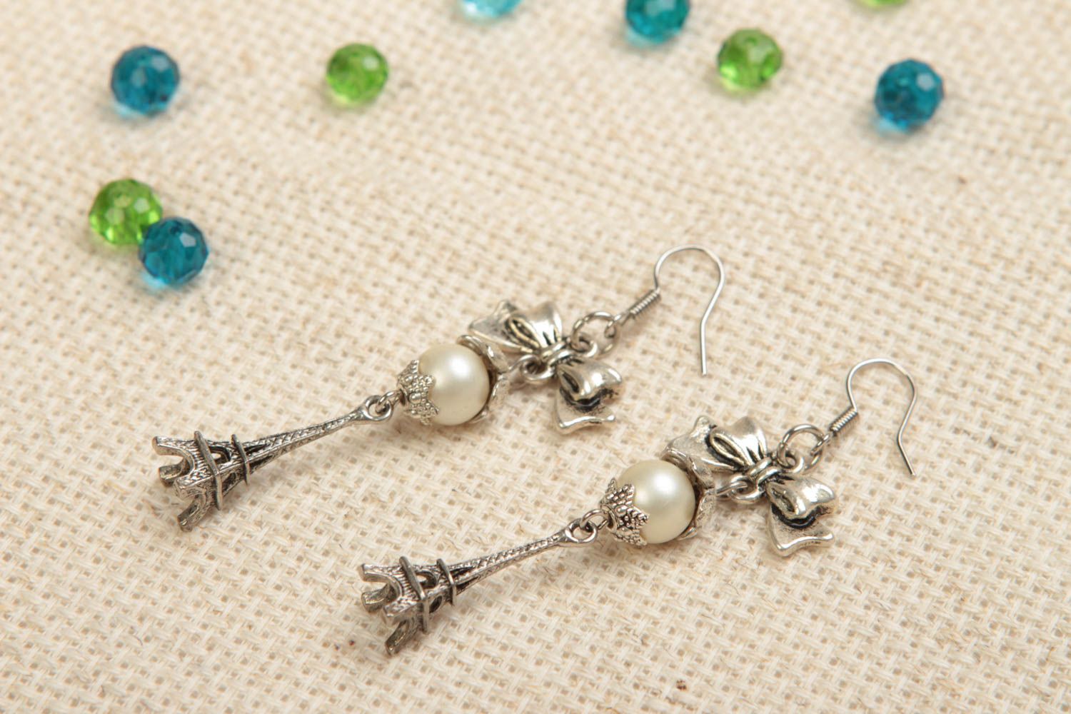 Beautiful long metal earrings with pearl beads designer jewelry gifts for her photo 1