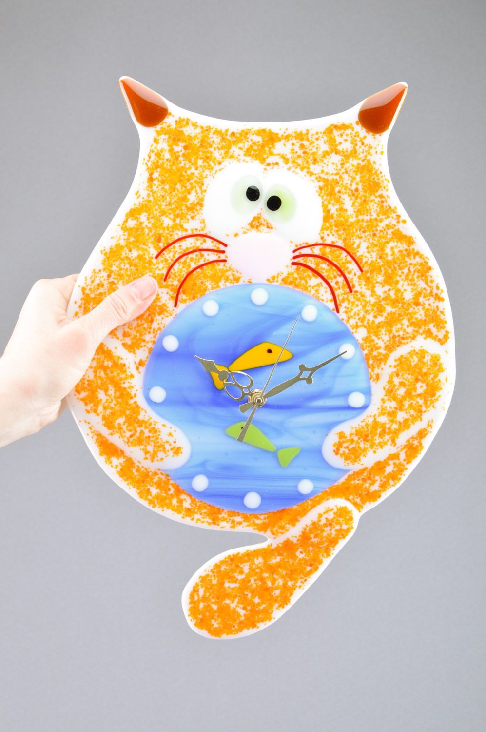 Funny handmade fused glass wall clock in the shape of fat cat for child's room photo 3