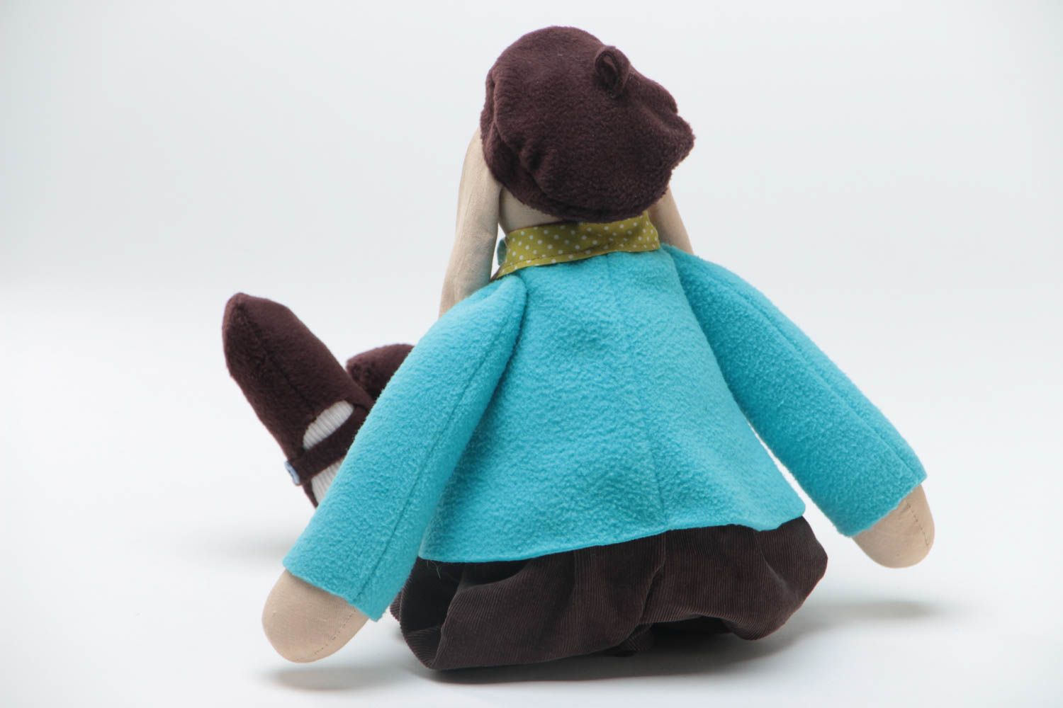 Handmade designer fabric soft toy stylish rabbit in blue jacket and green shirt photo 4