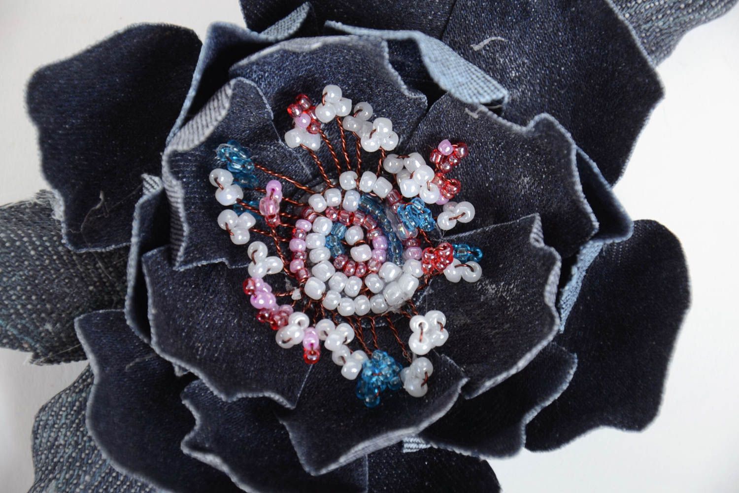 Handmade designer hair clip brooch with large denim fabric flower with beads photo 4