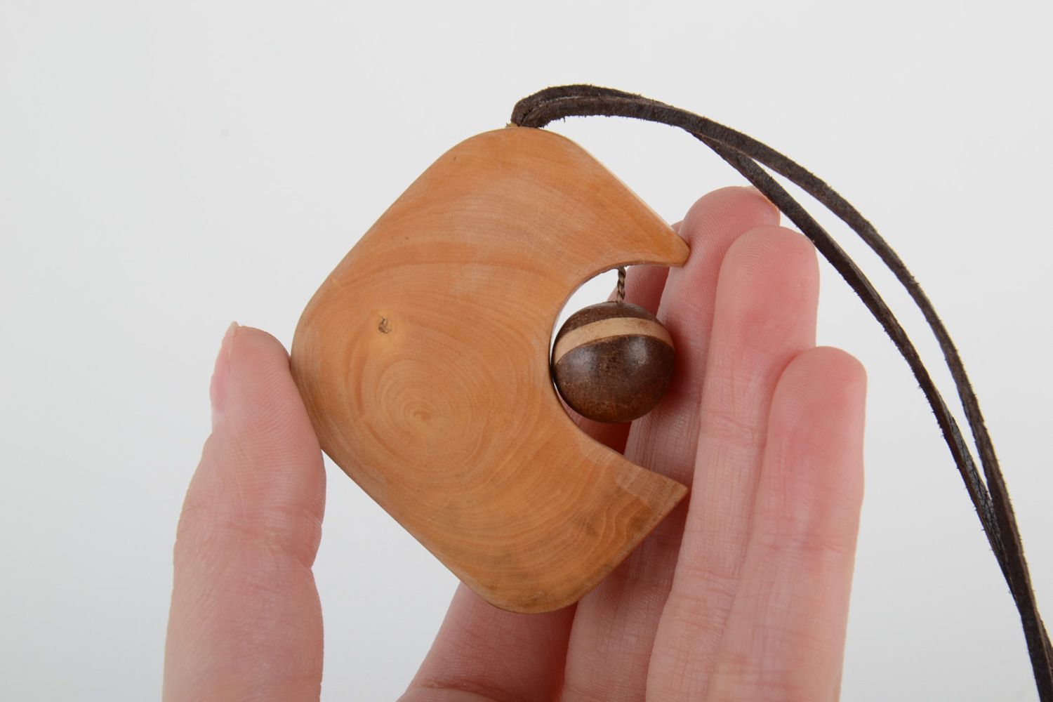 Unusual handmade tinted wooden neck pendant with bead and cord for women  photo 5