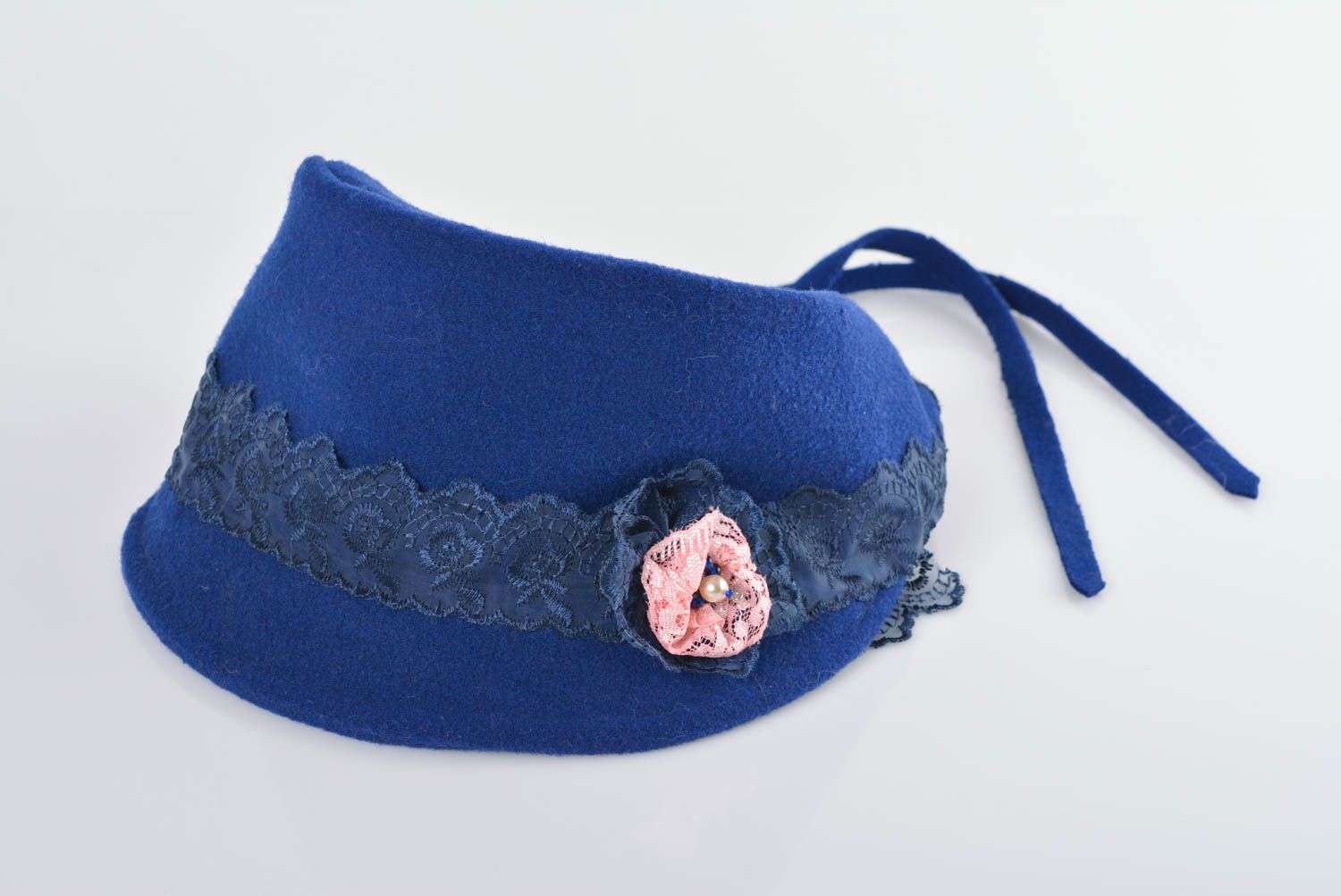 Unusual women's hat with blue satin lining with lace handmade headware photo 1