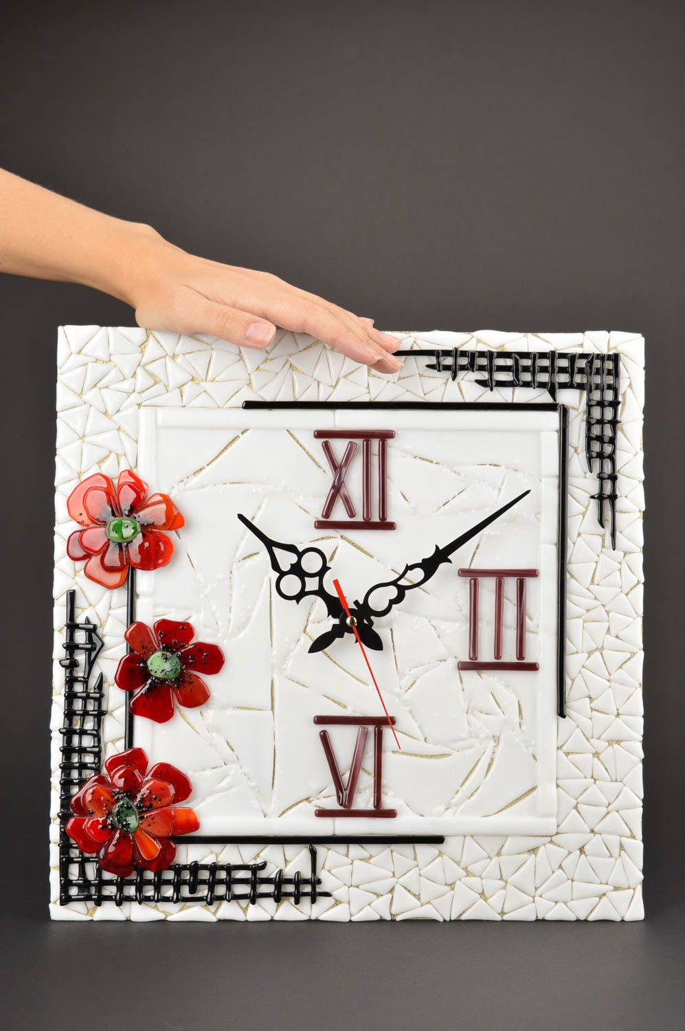 Designer Uhr Wand handgefertigt Haus Deko Wanduhr aus Glas weiß rot foto 5