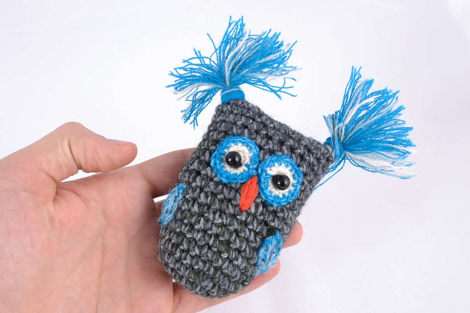Jouet mou tricoté à la main gris bleu fait main hibou cadeau pour enfant photo 2