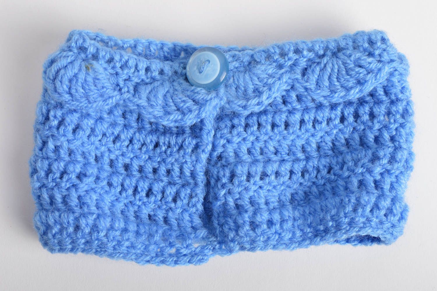 Beautiful blue handmade designer lace cup cozy crocheted of half woolen threads photo 2