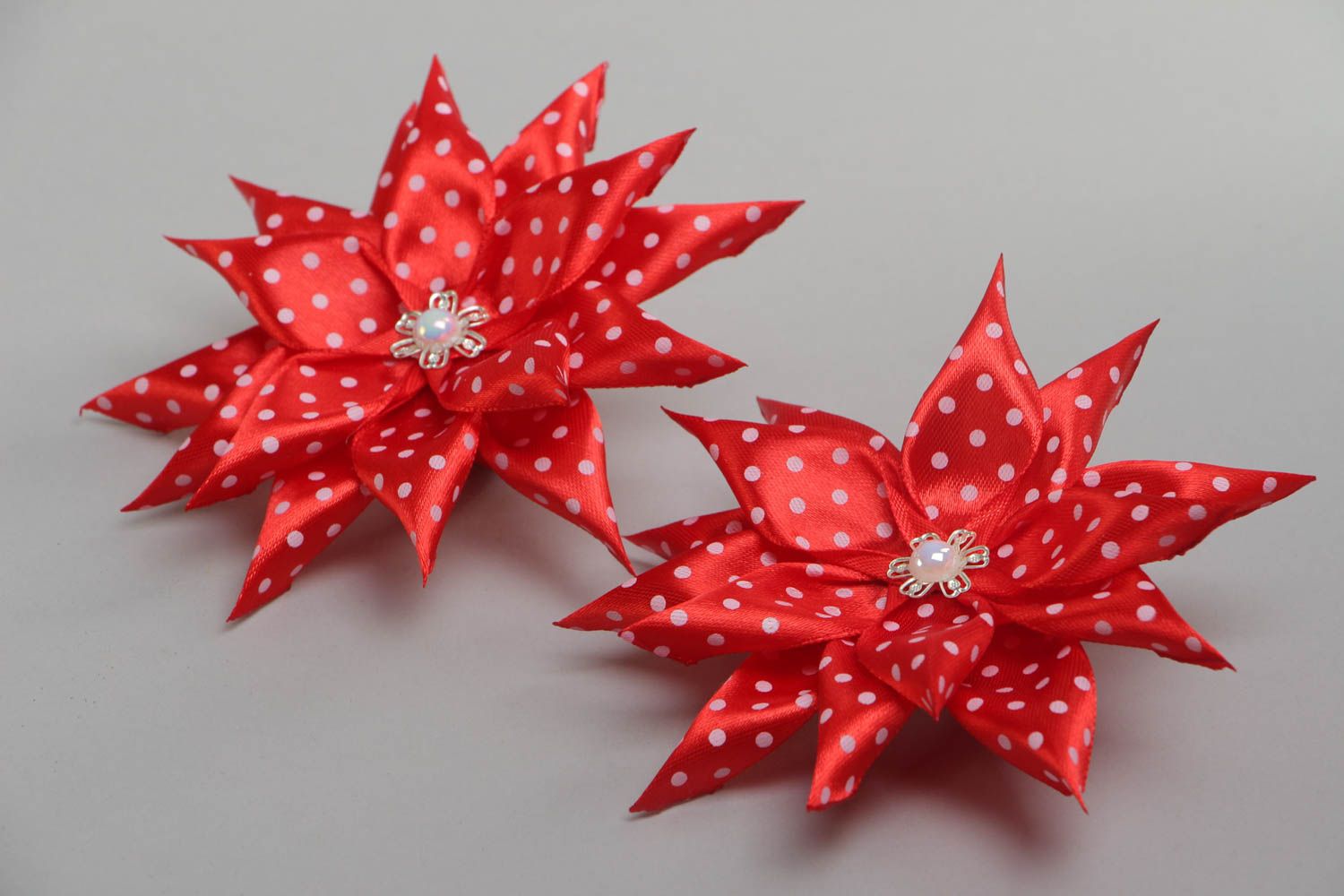 A set of 2 unique handmade hair ties made of red satin ribbon in the form of flowers photo 2