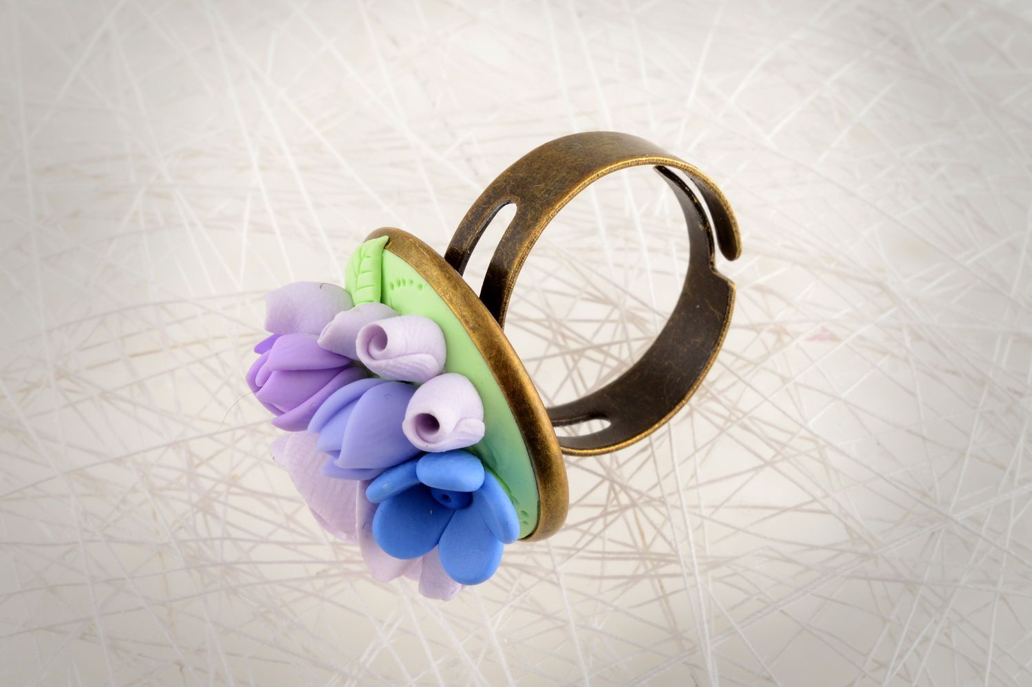 Handmade designer jewelry ring with metal basis and polymer clay blue flowers photo 1