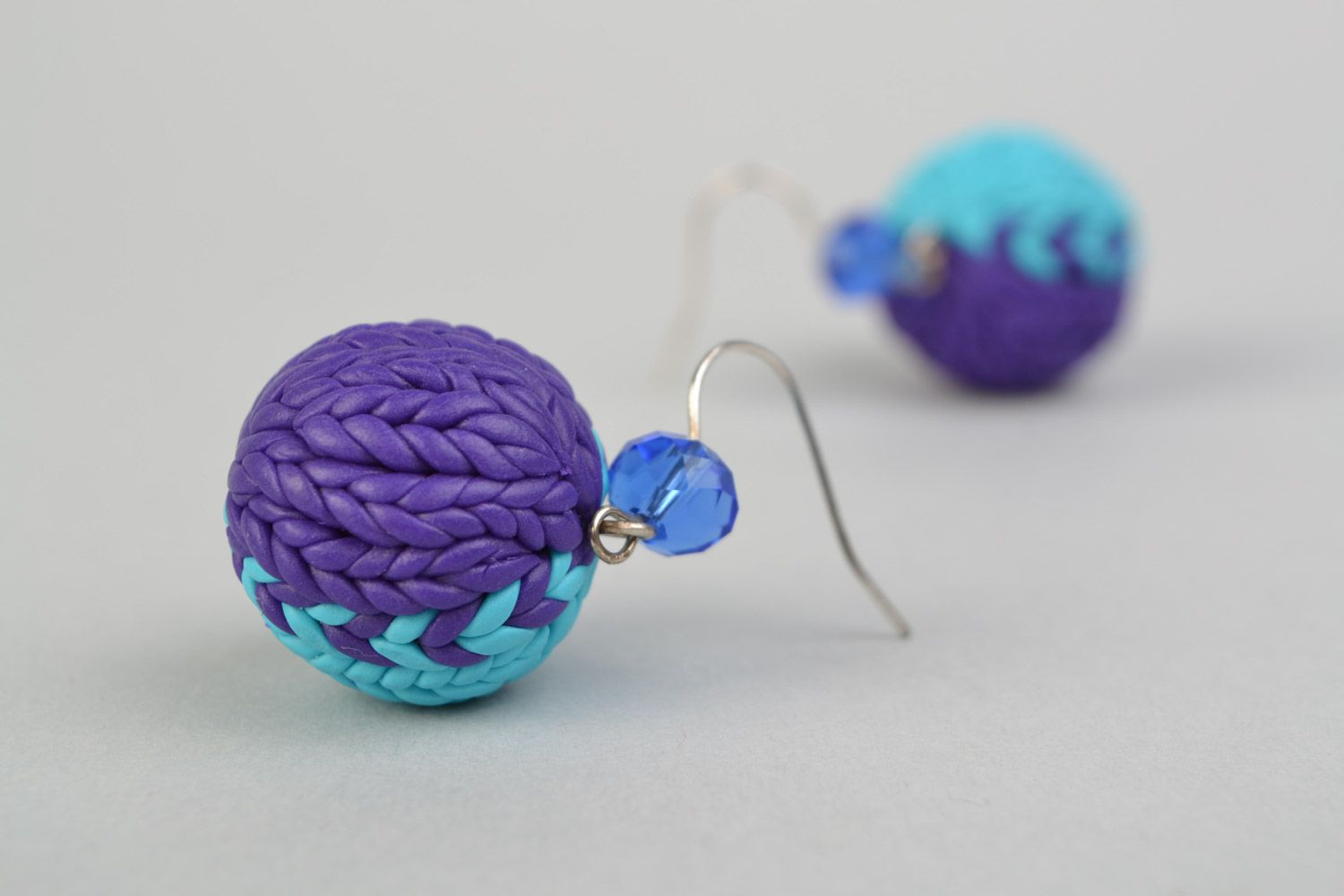 Handmade polymer clay earrings with dangling balls of blue and lilac colors photo 4