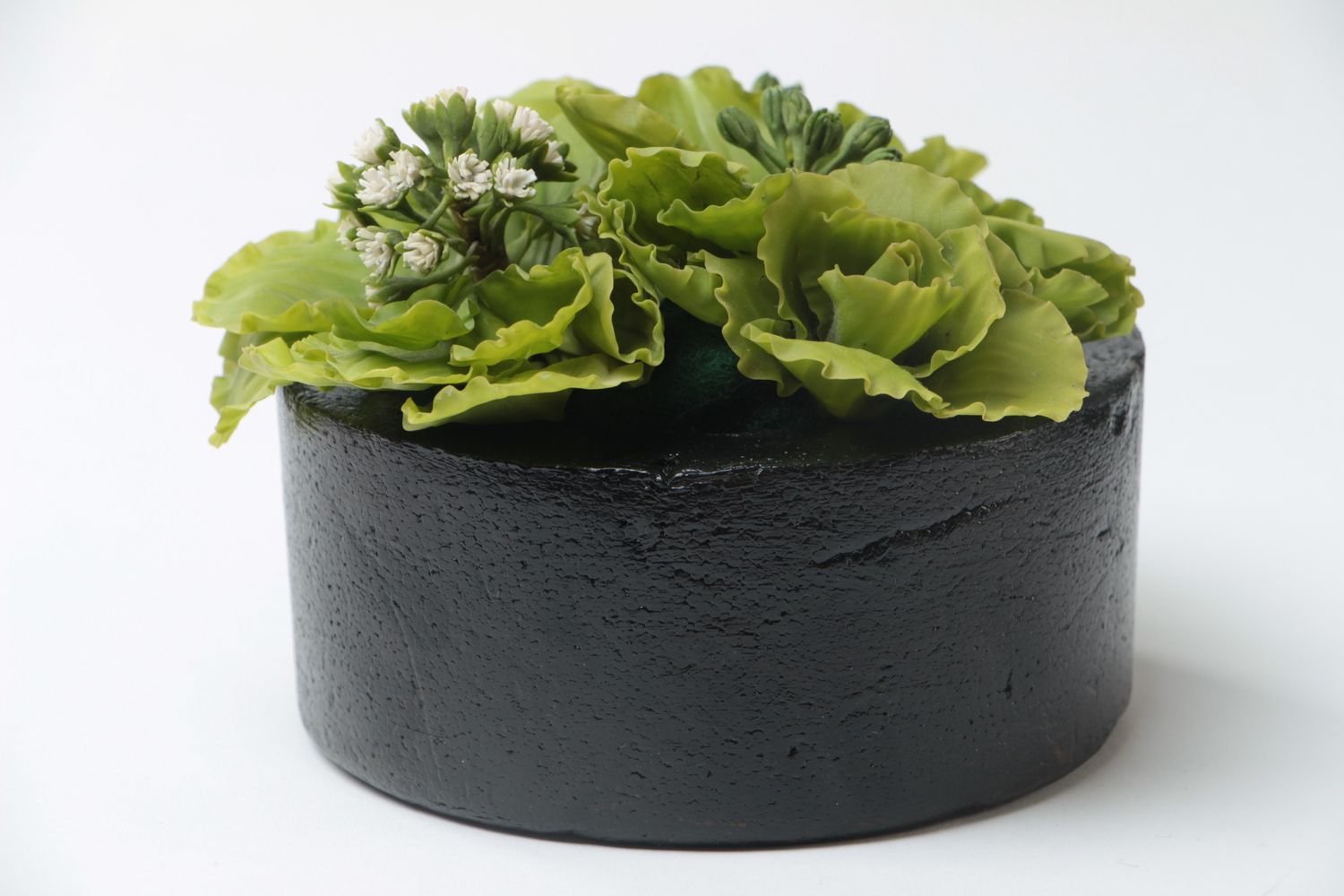 Petite composition florale verte en pâte polymère dans pot décorative faite main photo 2