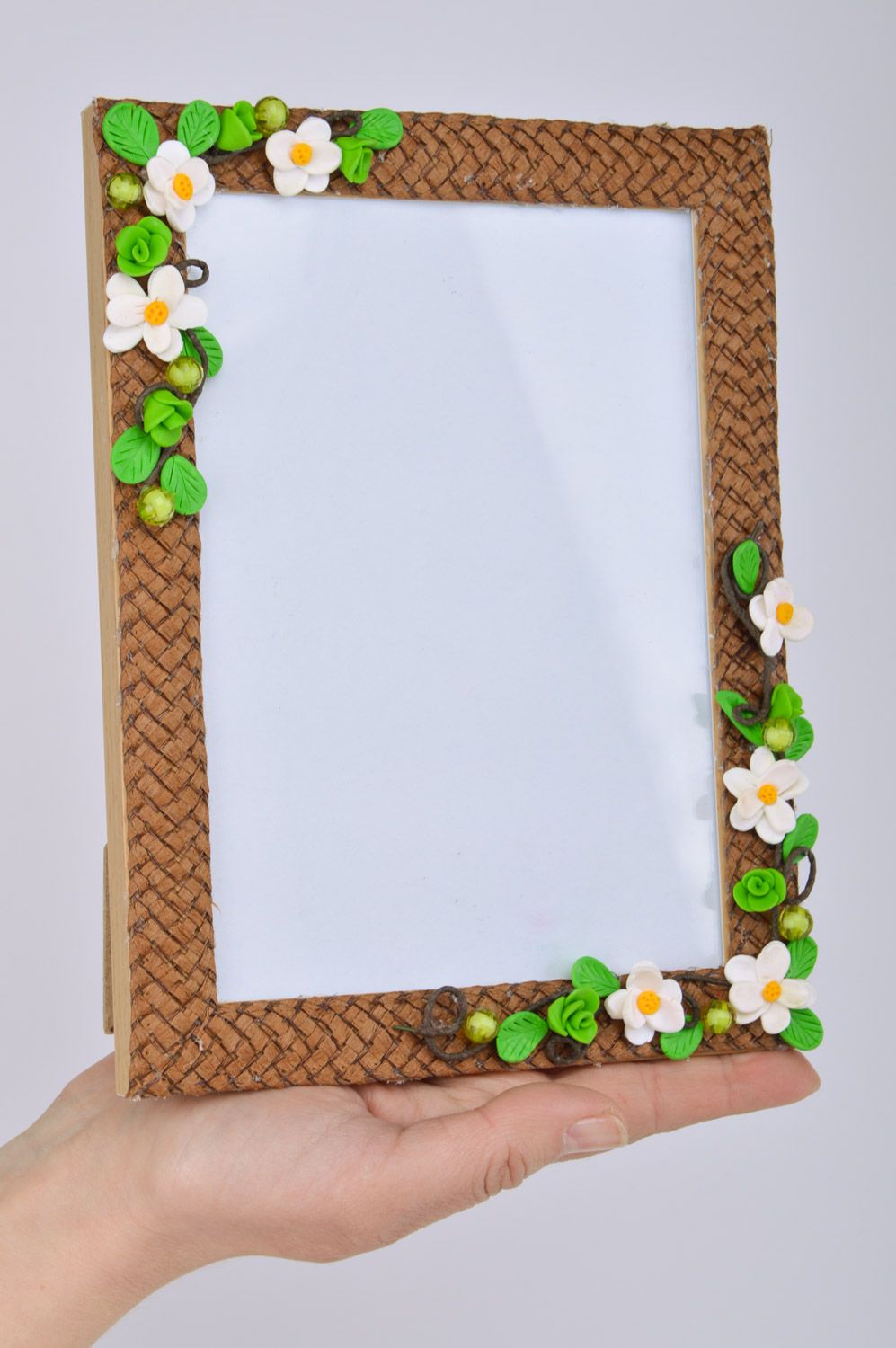 Handmade brown designer photo frame with polymer clay flowers and straw photo 3