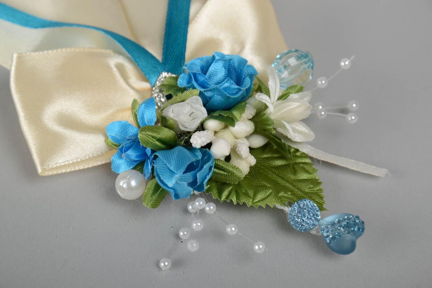 Beautiful homemade fabric boutonniere brooch of light color for groom or bride  photo 3