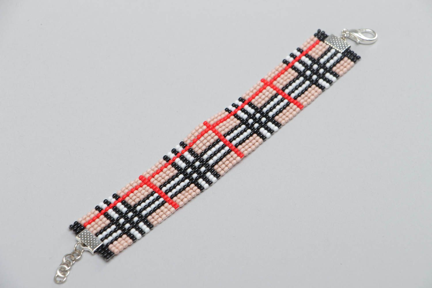 Handmade beaded woven checkered bracelet wide accessory in Scottish-style photo 3
