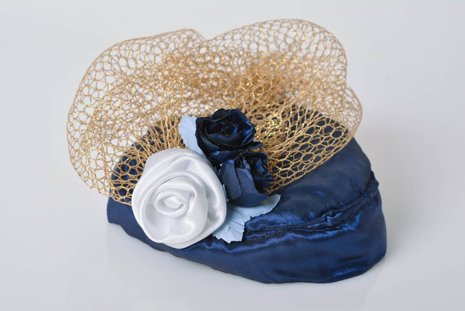Handmade small unusual blue satin cocktail hat with flowers and veil for ladies photo 1