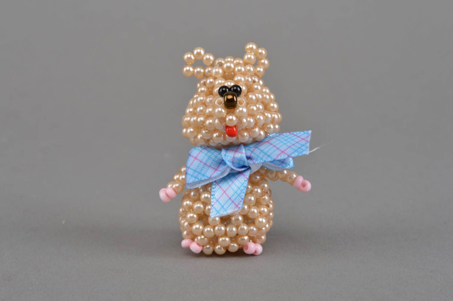 Small handmade collectible beaded statuette of cream colored bear for home decor photo 8