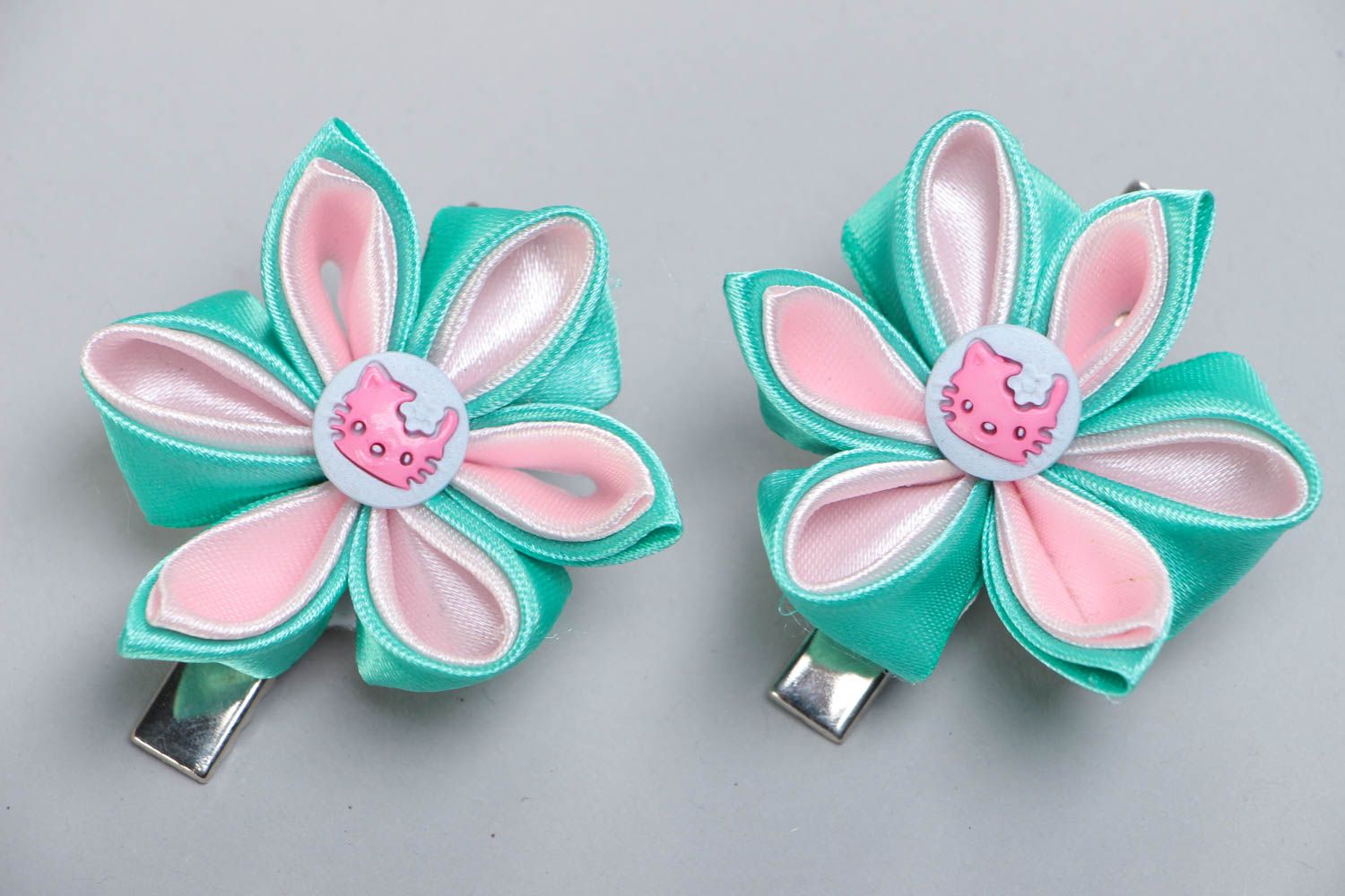 Handmade kanzashi satin ribbon flower hair clips set 2 pieces photo 2