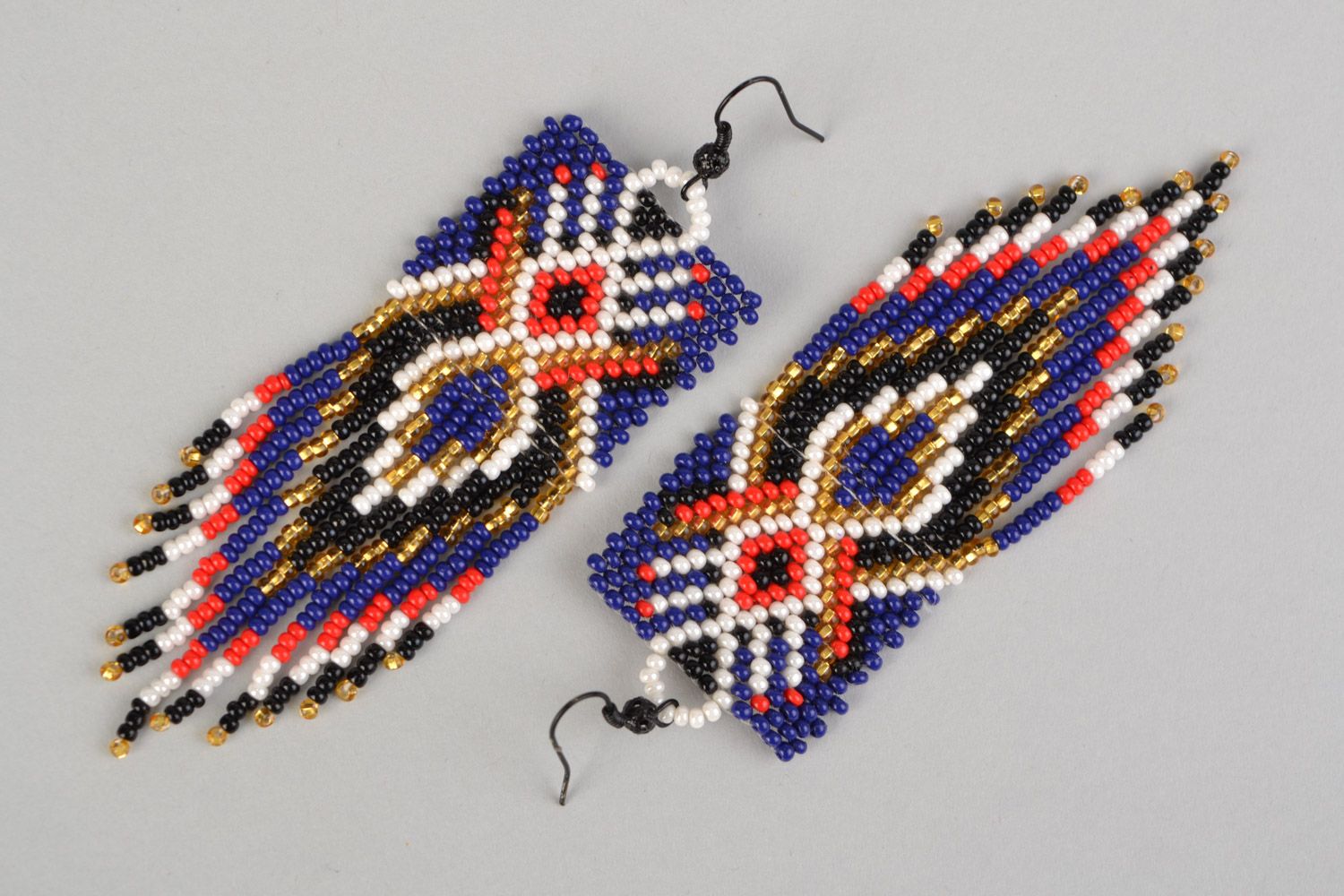 Large beaded earrings with fringe in red and blue colors with ornament photo 3