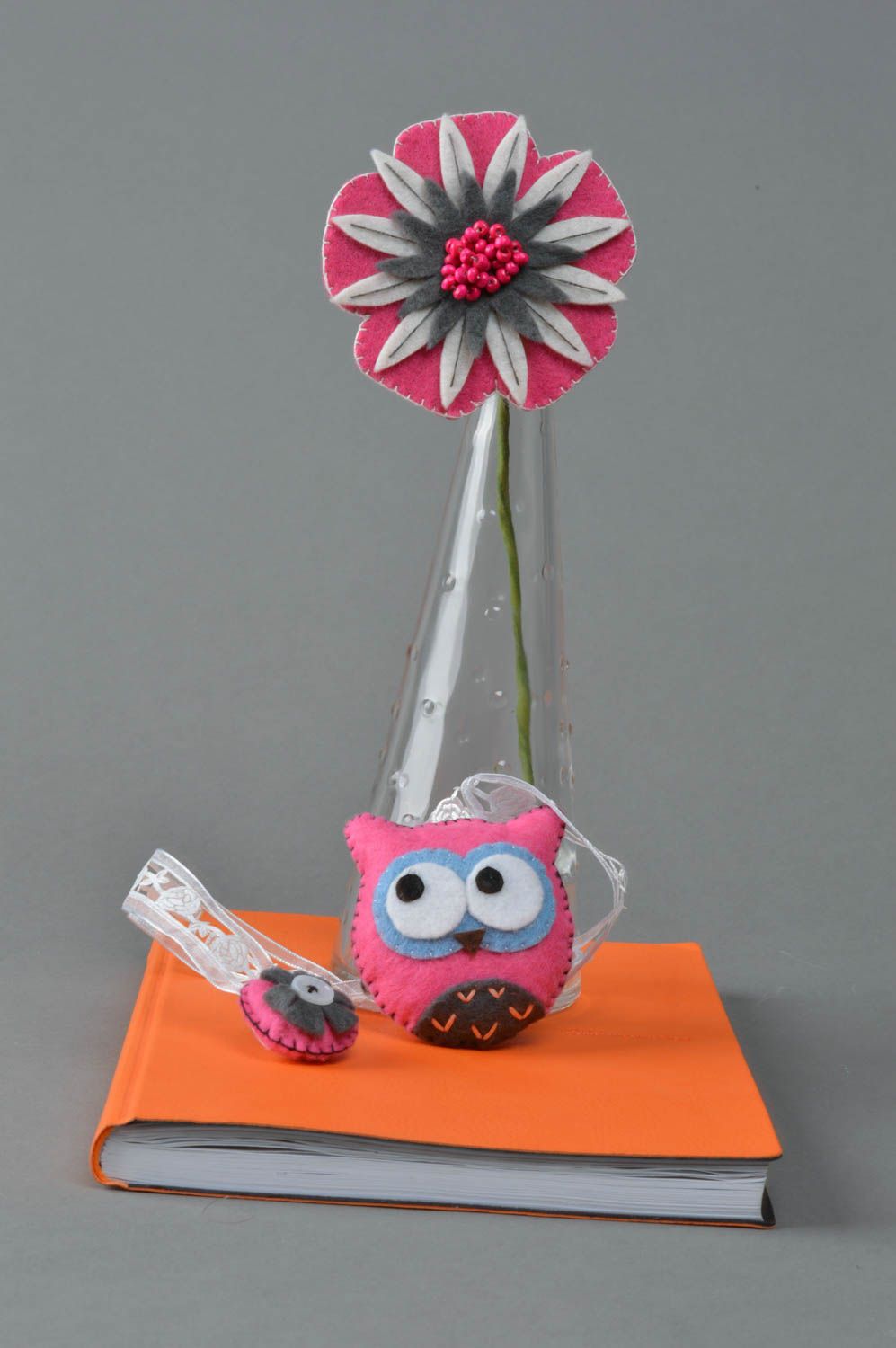 Handmade designer decorative ribbon bookmark with soft felt pink felt owl charm  photo 1