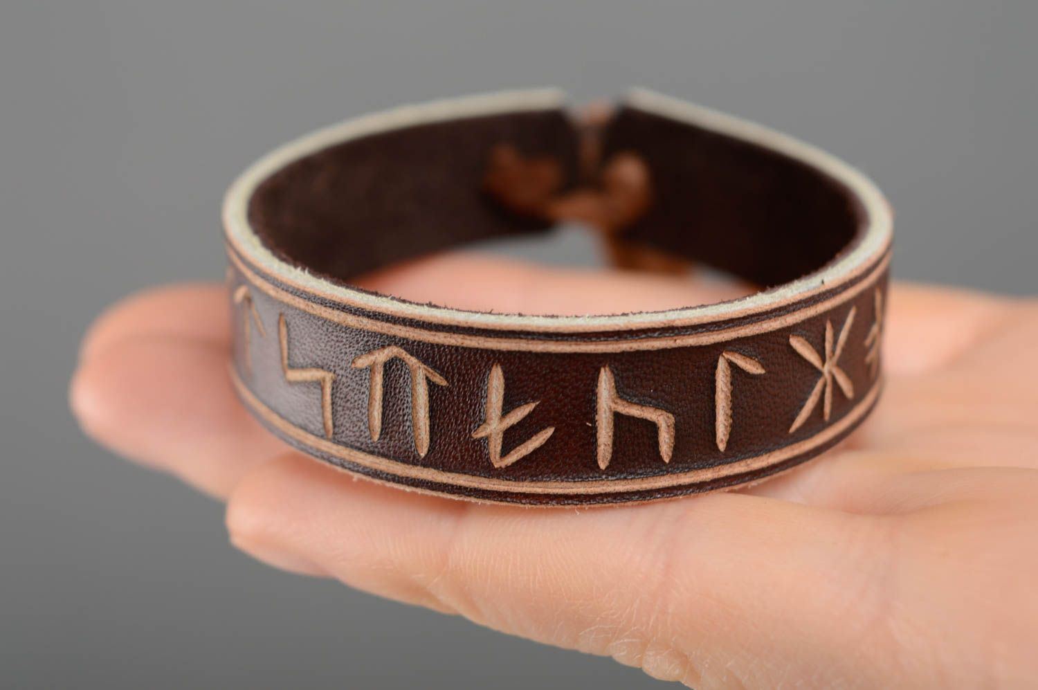Unisex leather bracelet with runes photo 4