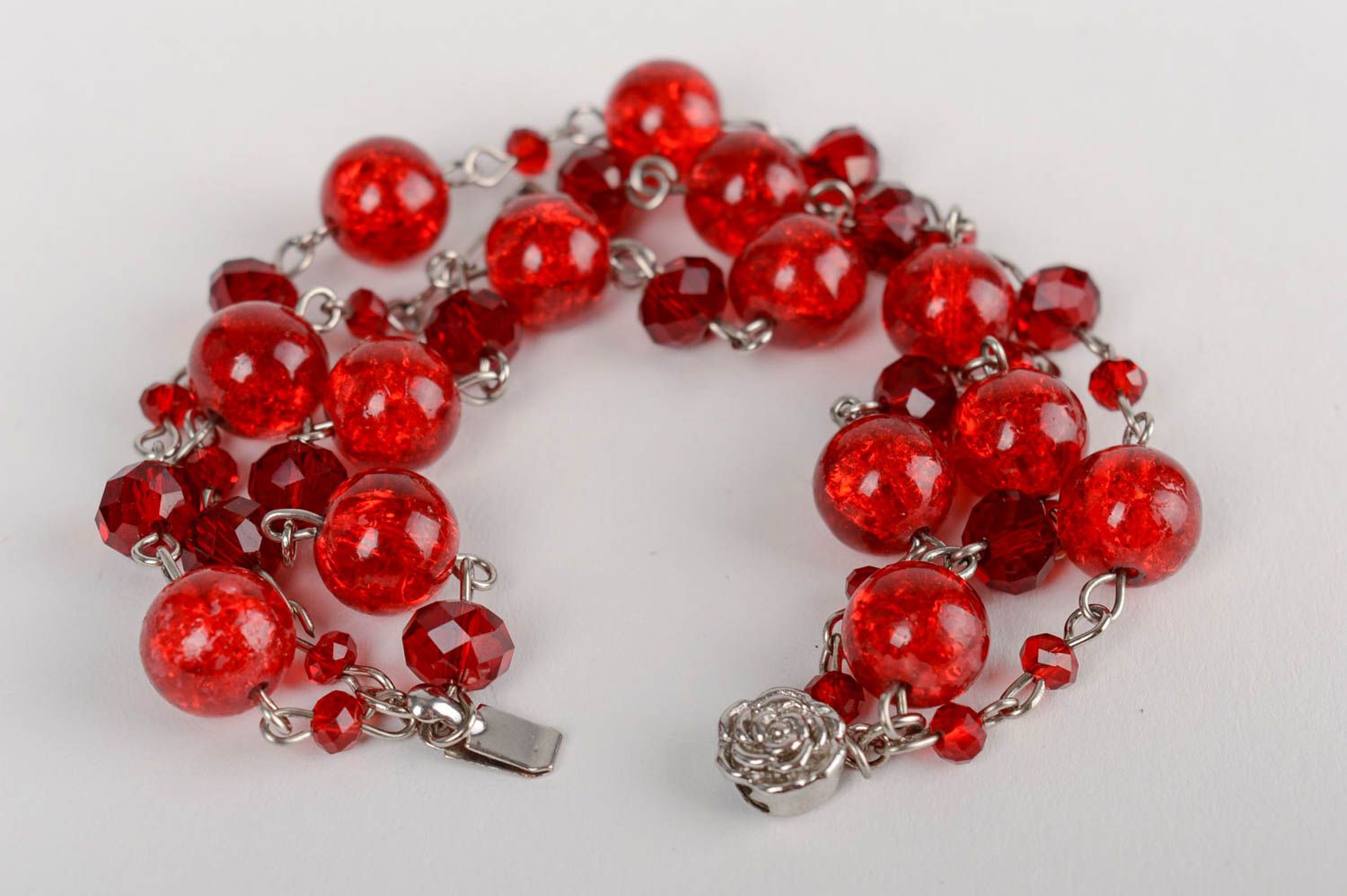 Handmade multi row wrist bracelet with red Venetian glass and Czech crystal  photo 2