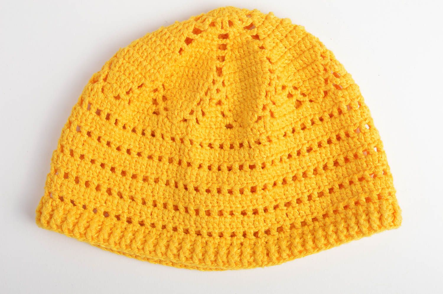 Bonnet tricot fait main Chapeau au crochet jaune coton design Vêtement fille photo 3