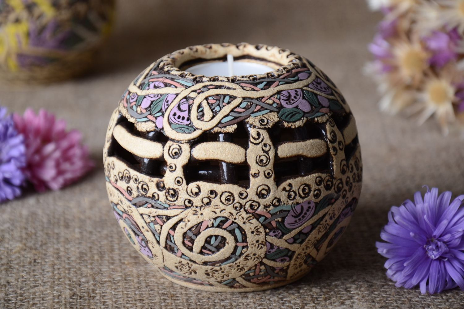 4 inch ball shape Indian style ceramic tin candle holder 0,7 lb photo 1