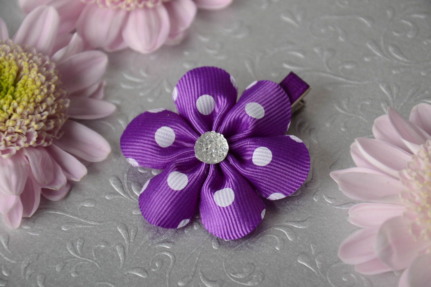 Handmade hair clip with metal basis and violet ribbon flower with rhinestone photo 1