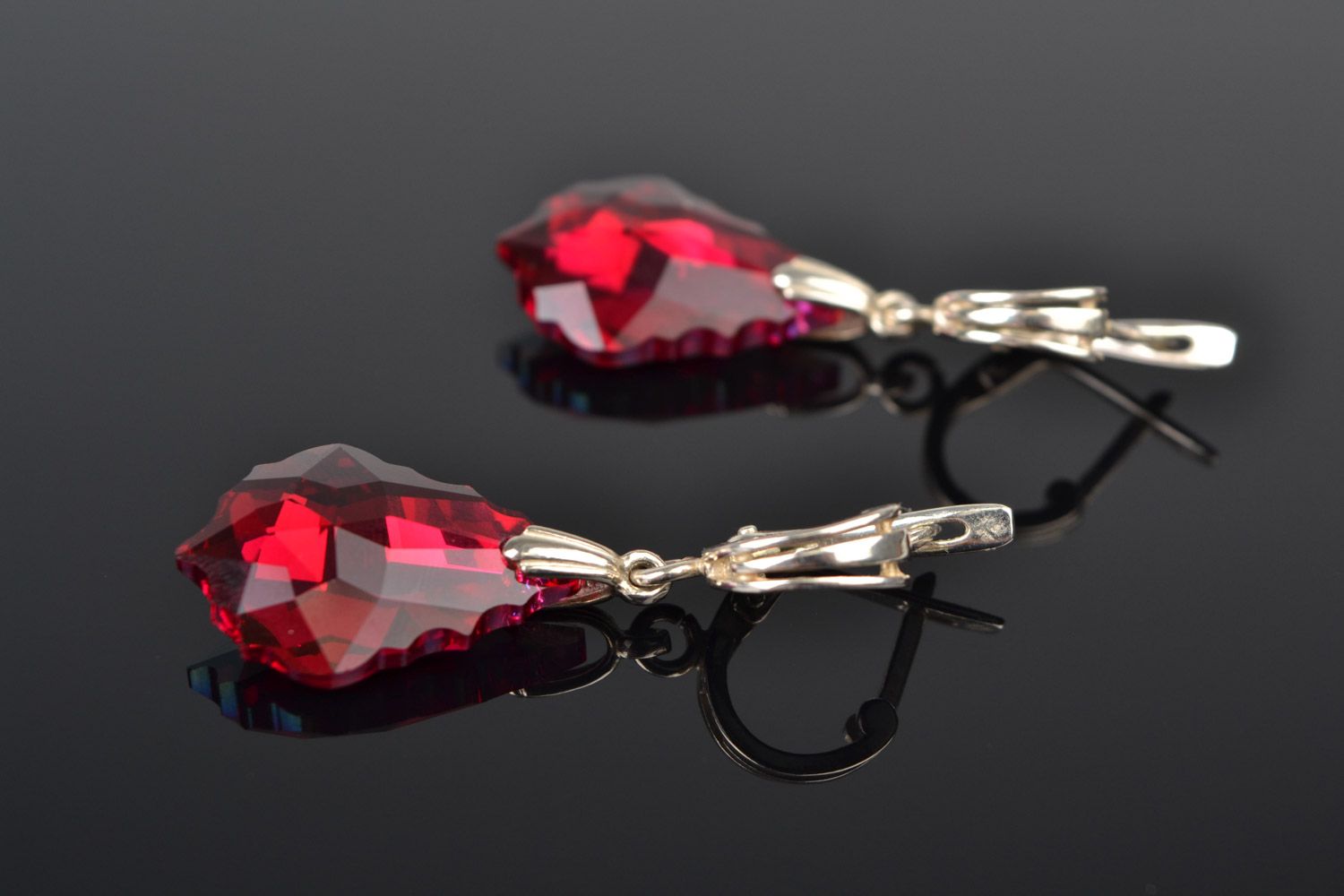 Handmade long dangling earrings with red sparkling Austrian crystals photo 1