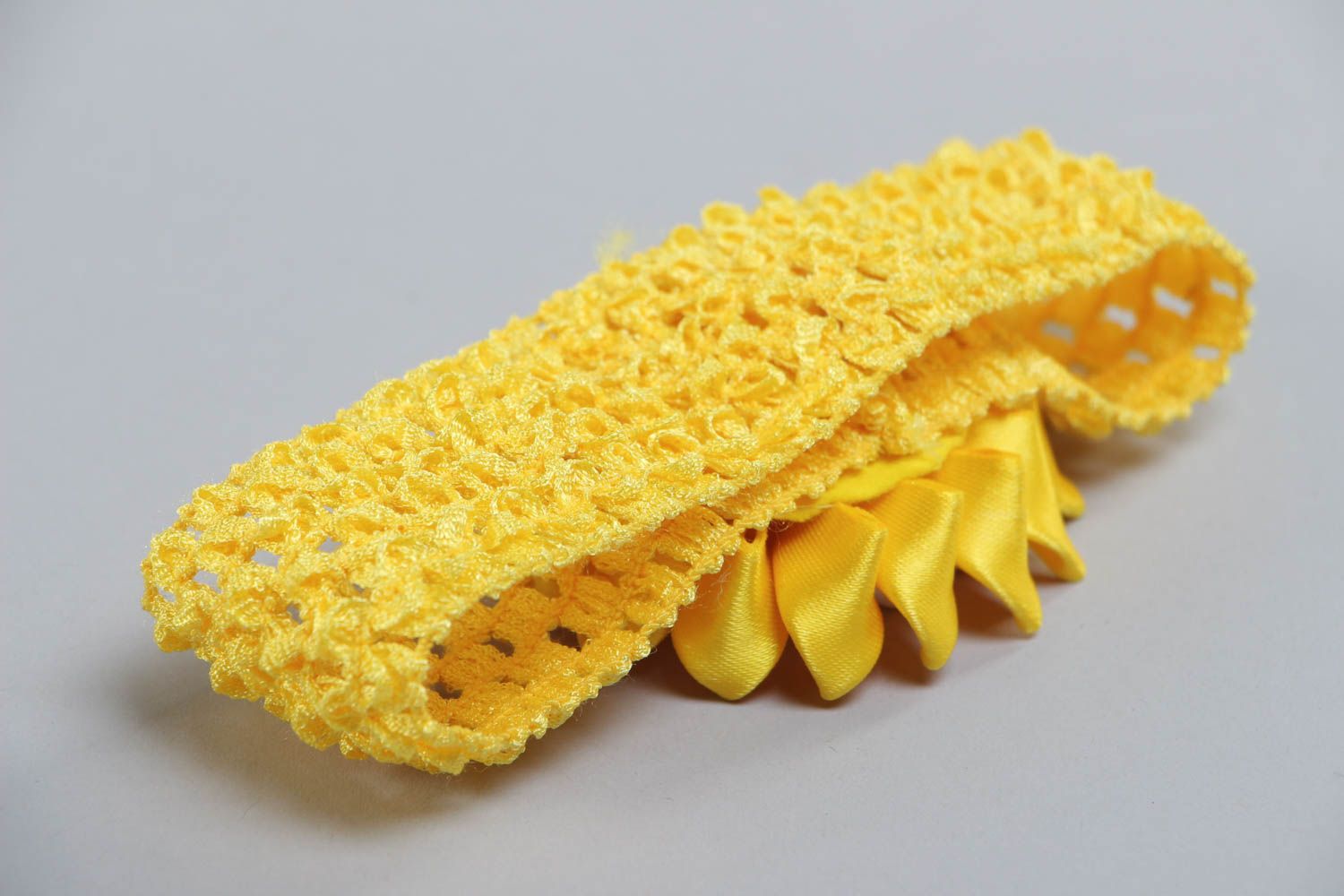 Handmade yellow headband with elastic lacy basis and satin ribbon flower photo 4