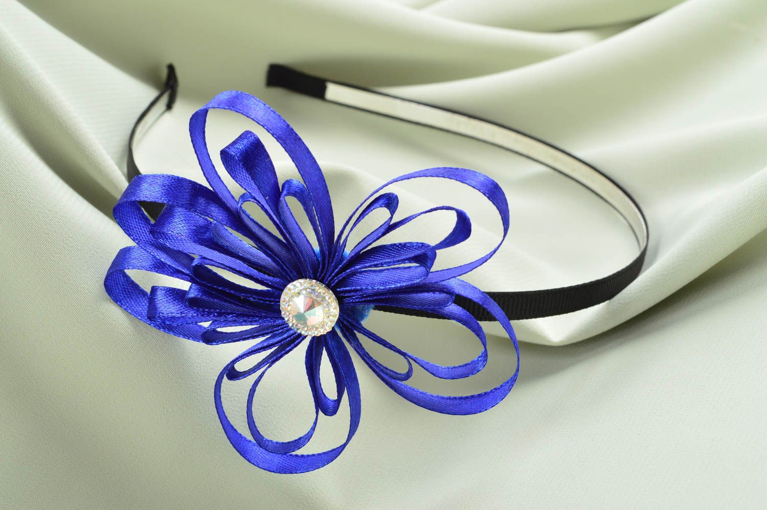 Serre-tête fleur Accessoire cheveux fait main bleu satin métal Cadeau femme photo 5