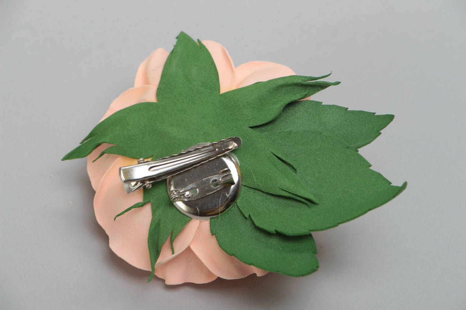 Handmade designer hair clip brooch with foamiran flower of peach color photo 4