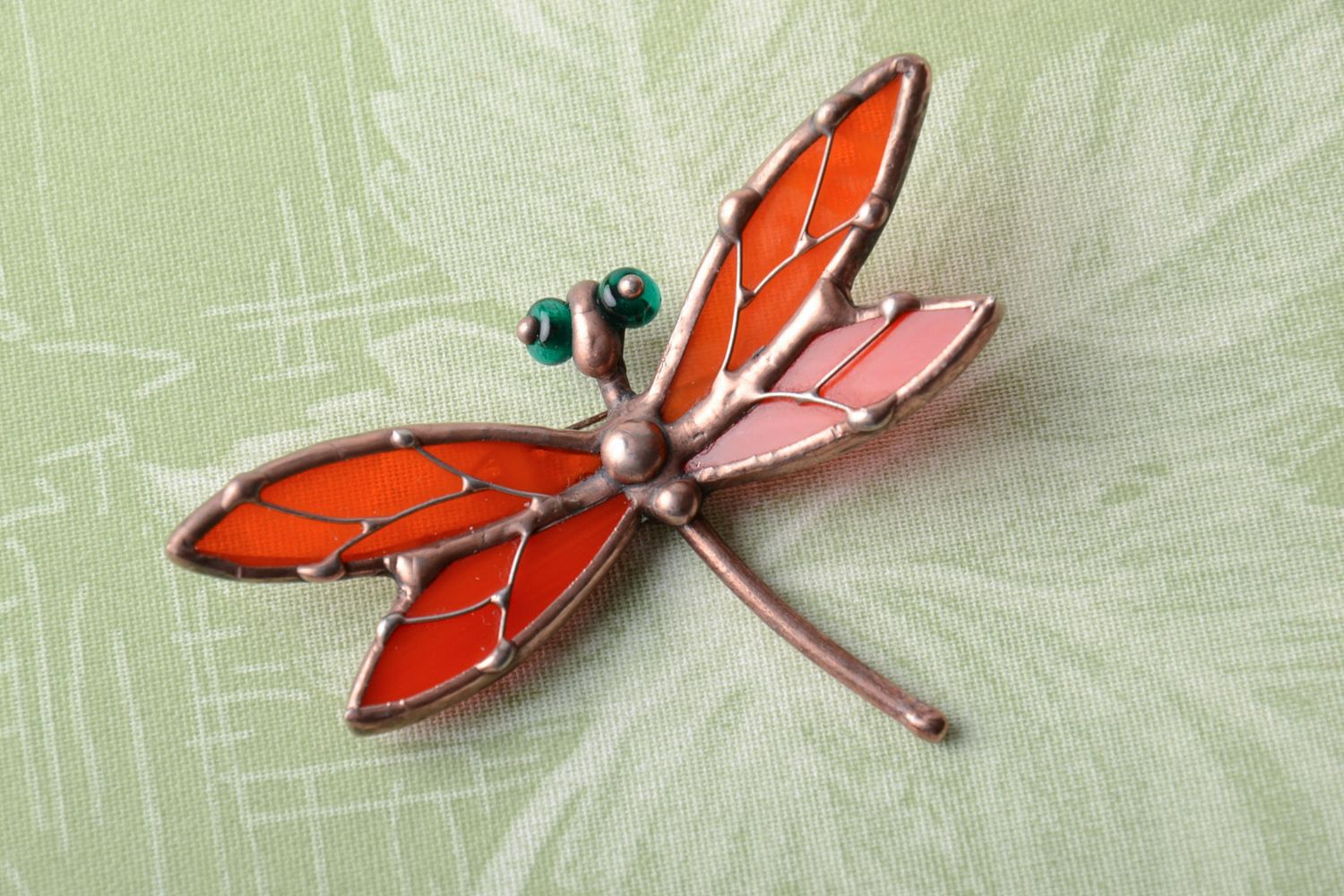 Stained glass brooch Orange Dragonfly photo 1