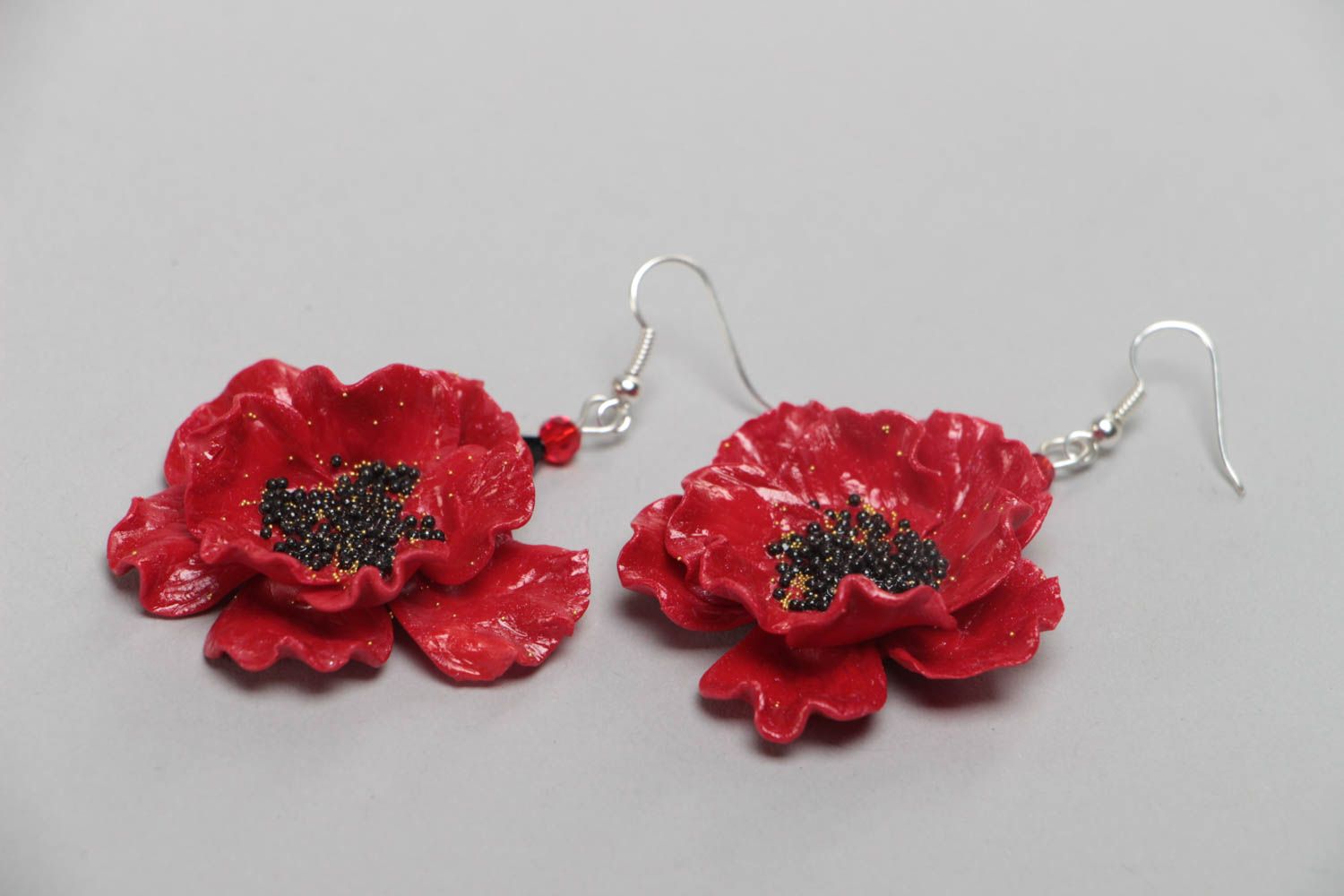 Red earrings made of polymer clay with flowers handmade elegant jewelry photo 3