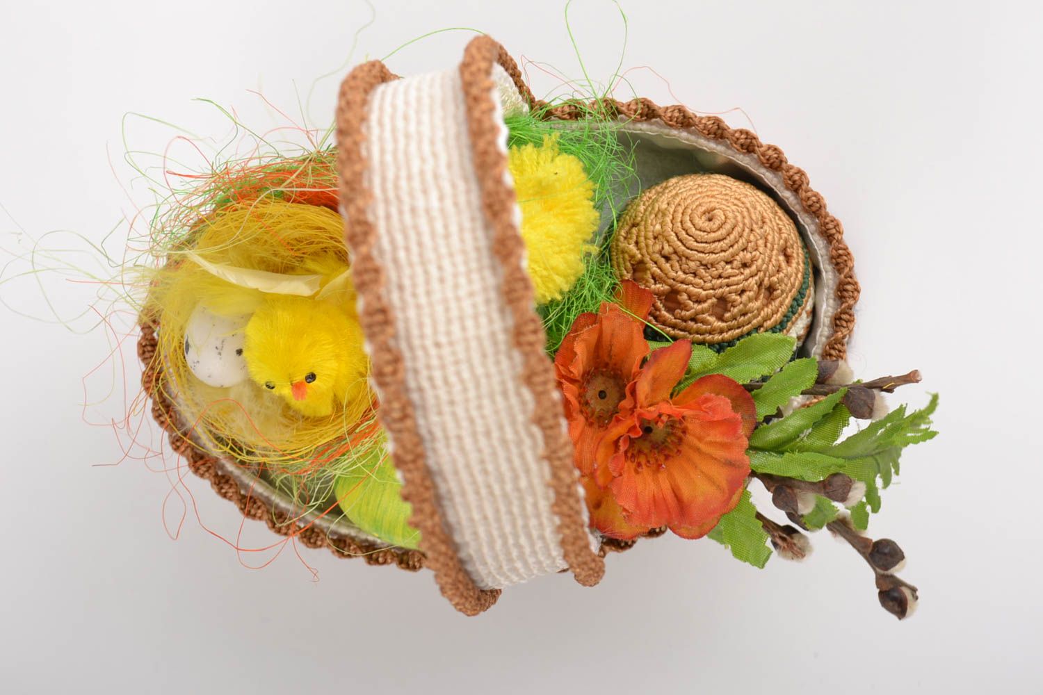 Handmade small decorative macrame woven Easter basket with egg and chickens photo 3