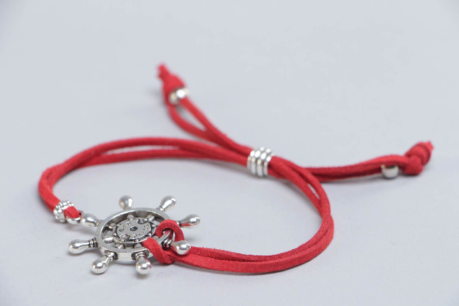 Unusual beautiful handmade woven artificial suede cord bracelet with charms in marine style photo 3