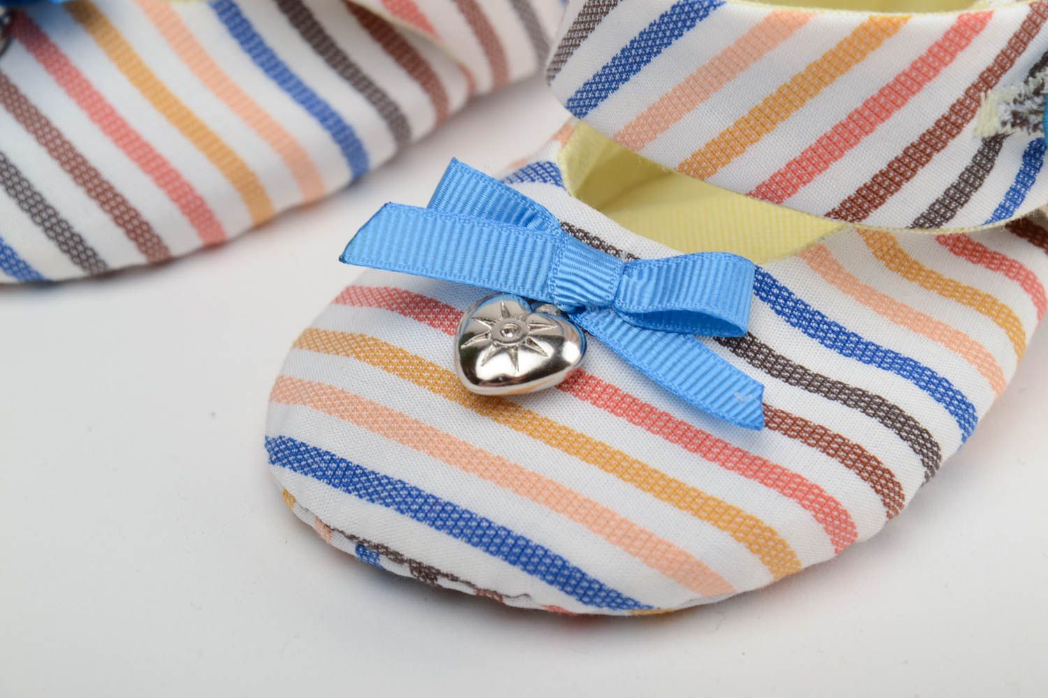 Handmade colorful striped cotton fabric baby shoes with bows for little girl  photo 3