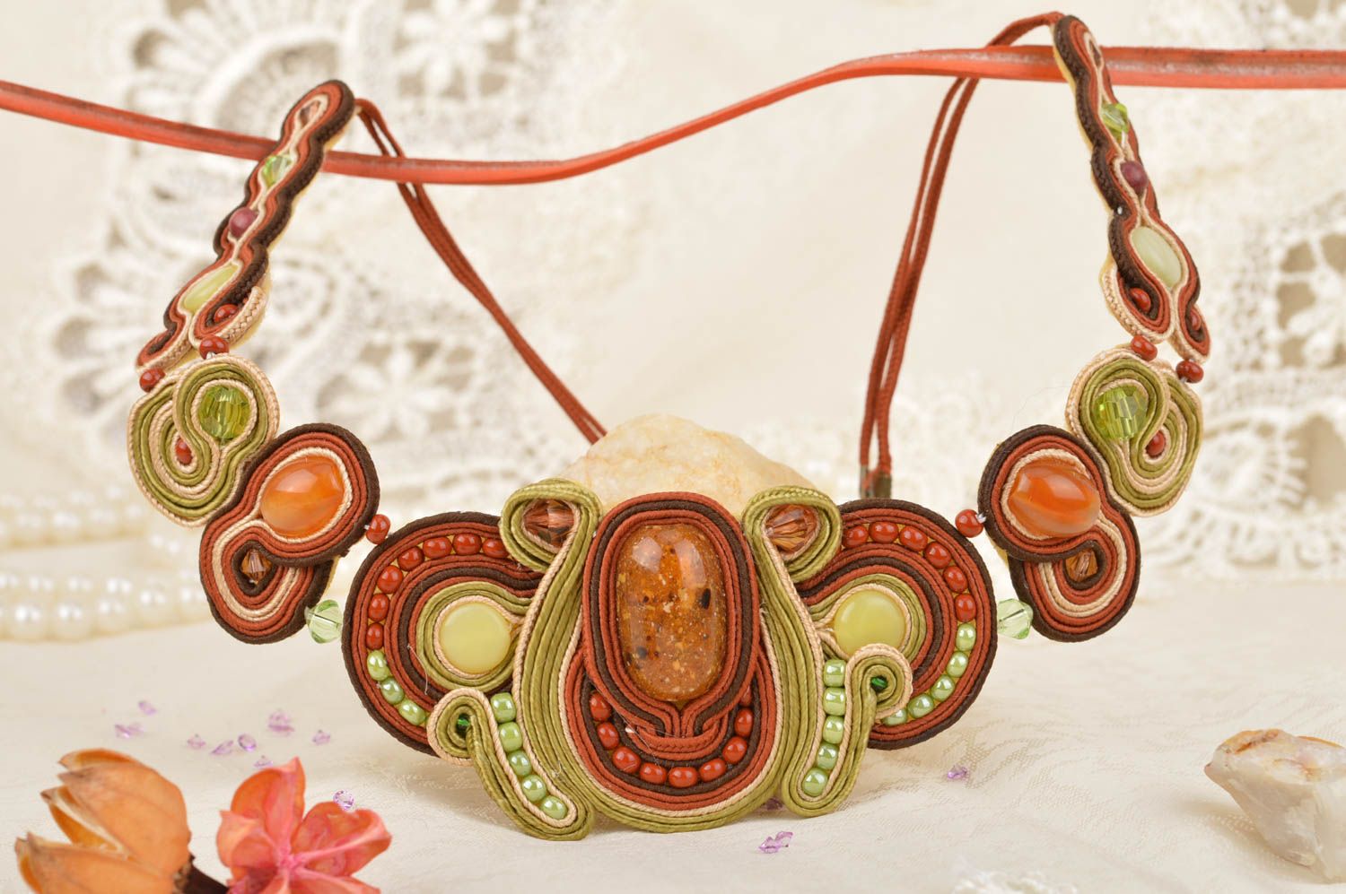 Beautiful unusual handmade designer massive soutache necklace with beads  photo 1